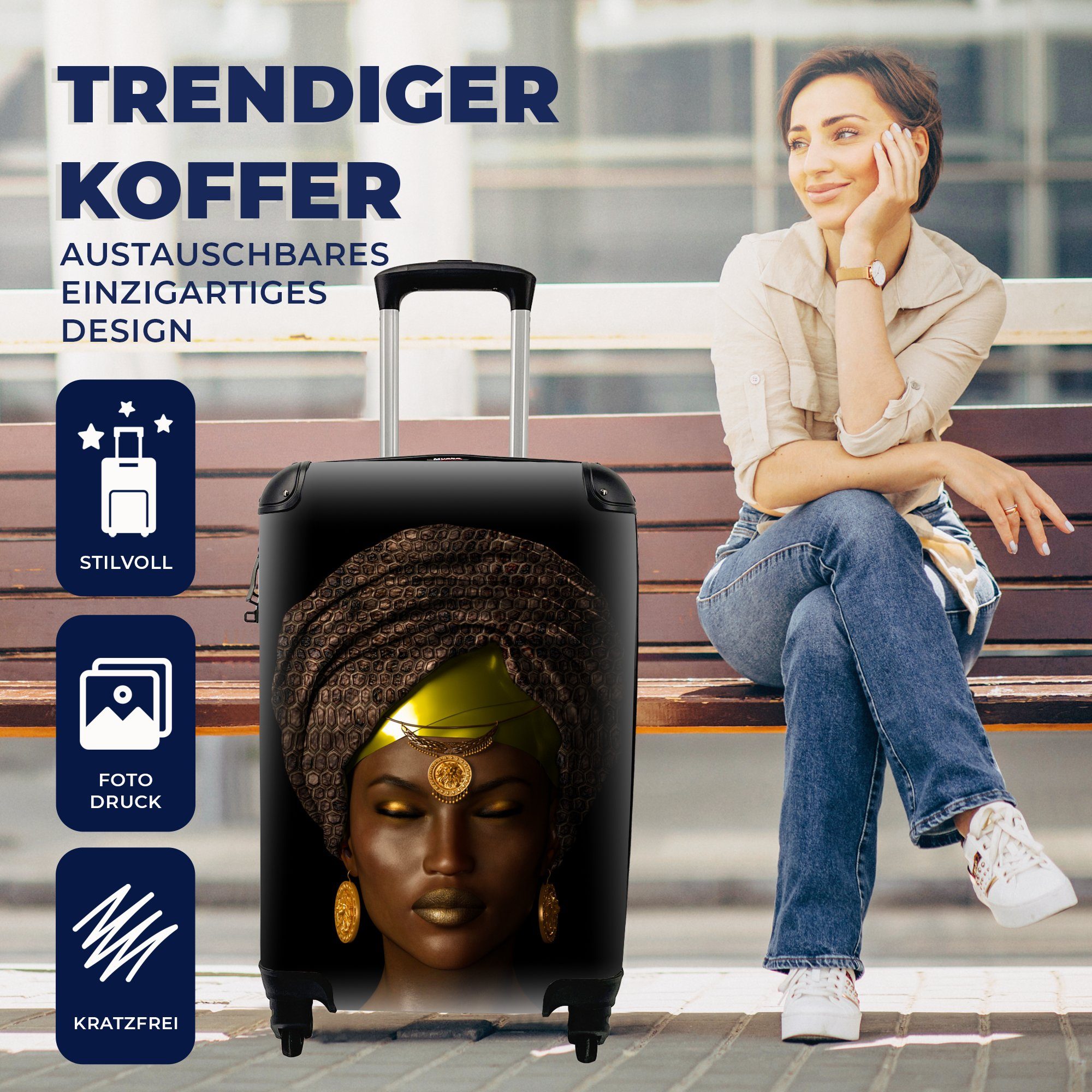 Frau Ferien, gelb, Reisekoffer - Reisetasche Handgepäck 4 Handgepäckkoffer mit - MuchoWow Rollen, rollen, Trolley, Kopftuch für