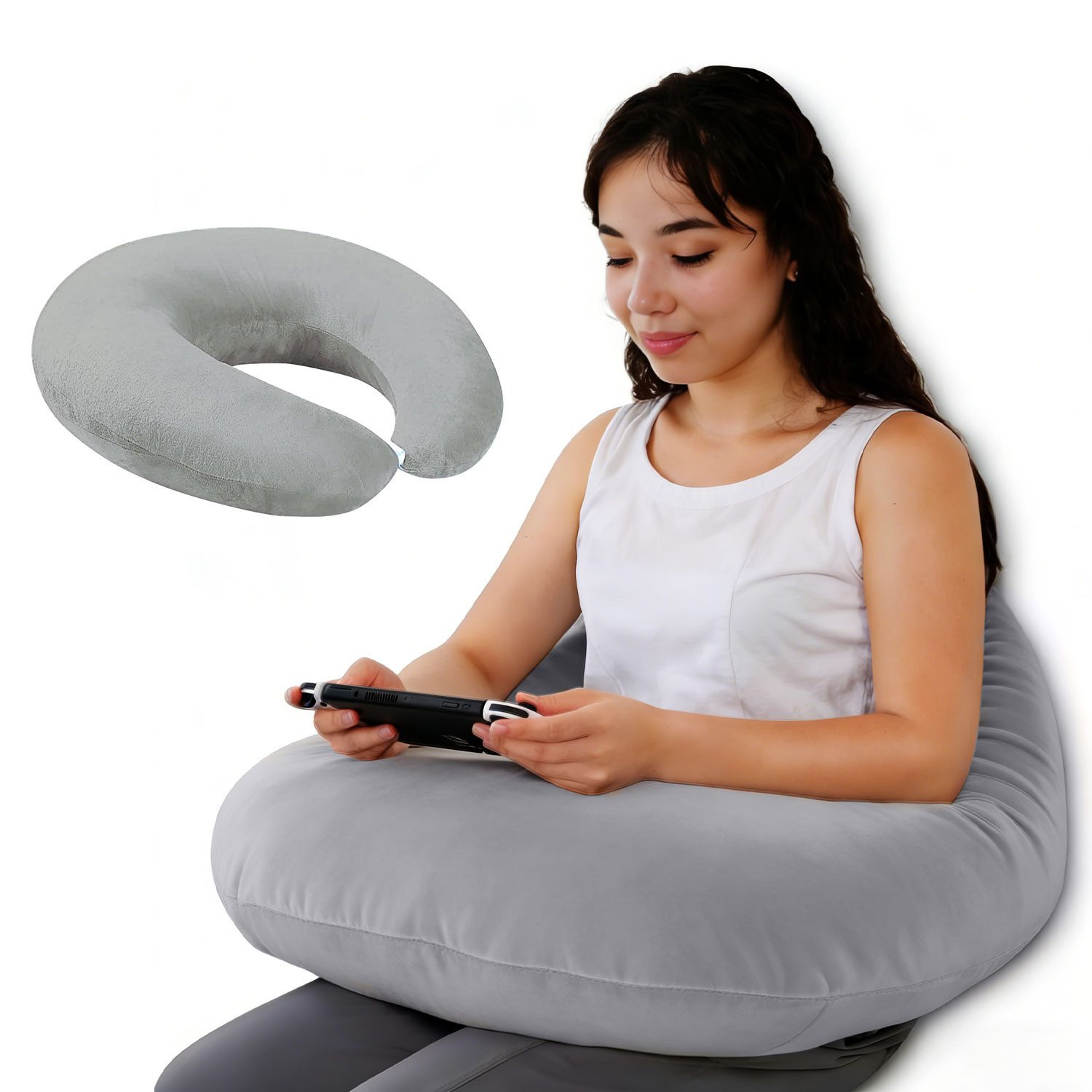 HEYHIPPO Stützkissen Lesekissen U-Form mit Armstütze für Bett & Sofa-55×60 cm Grau/Lila, Weiches Ellbogen-reduziert Arm- und Schulterbelastung, Ergonomisches Armstützkissen U-Form für Lesen & Gaming