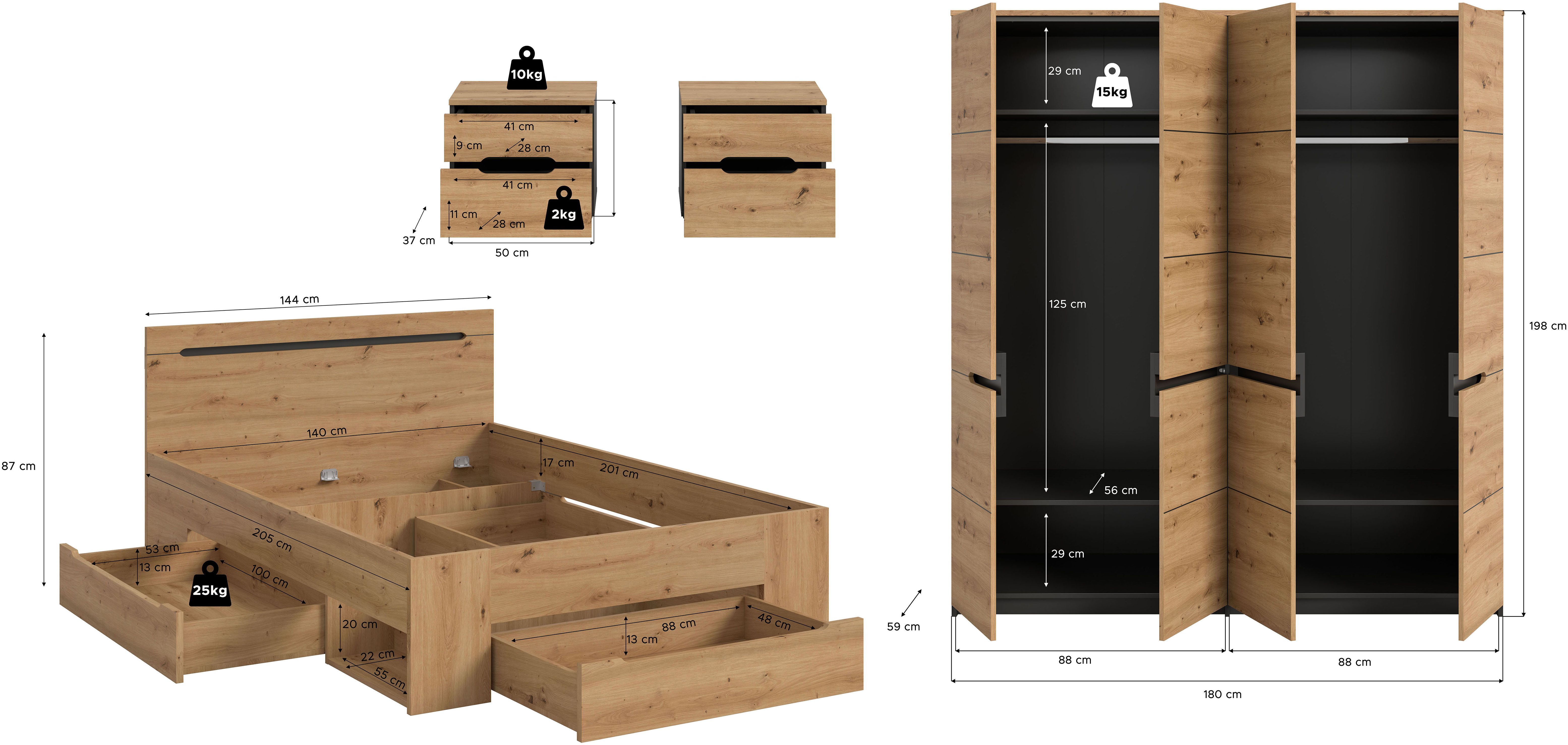 Home affaire Schlafzimmer-Set REHAT, 4-teilig, best. aus: Bett, Kleiderschrank & 2x Nachtkommode, (4-tlg., TOPSELLER!, für Matratzengröße 140x200 cm, viel Stauraum), Rehat, Schlafzimmerset, Bett 140x200 cm, Nachttische, 1 Kleiderschrank