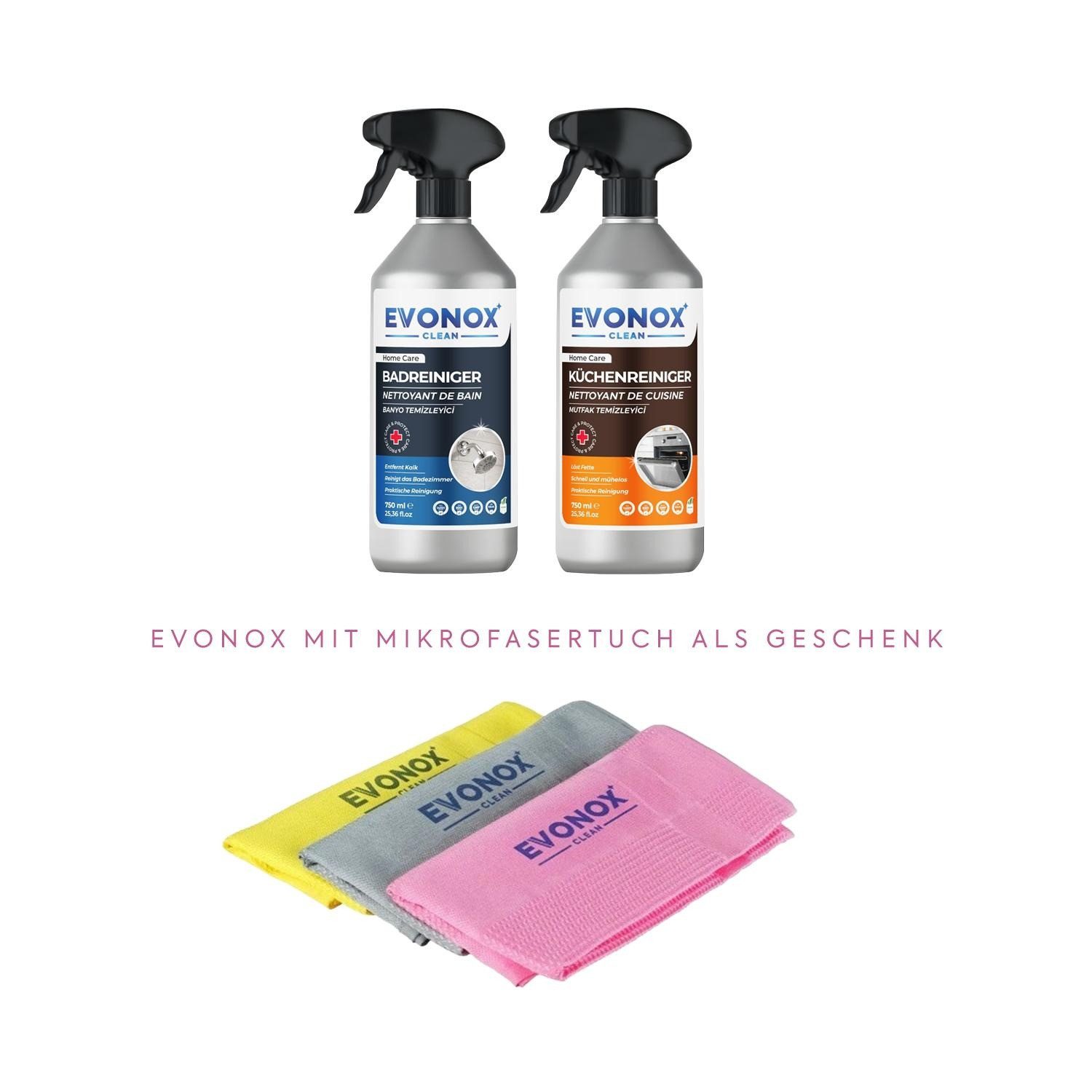 EVONOX KÜCHEN & BADREINIGER SET 750+750ml–GEGEN FETT & KALK + MIKROFASER-TUCH Allzweckreiniger (Praktische Reinigung auf Natürliche Weise)