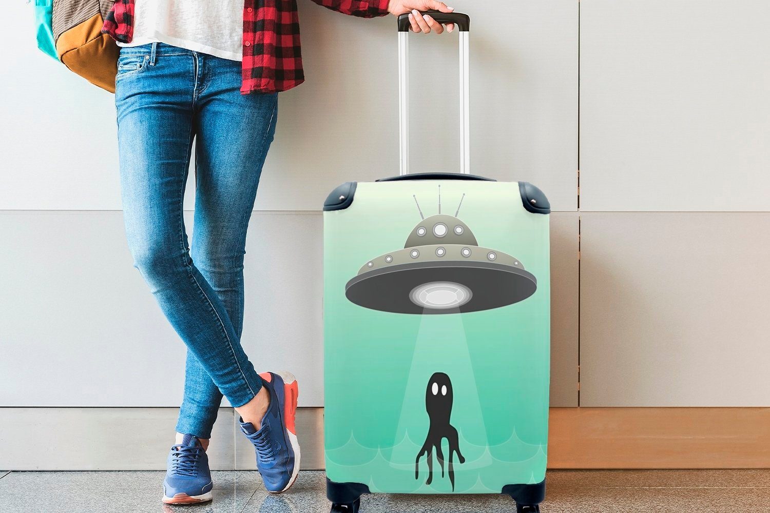 4 Reisekoffer Rollen, das MuchoWow entführt UFOs, Oktopus Ferien, einen Jungen Reisetasche mit Handgepäck eines Handgepäckkoffer rollen, -, für Illustration Eine - Trolley,
