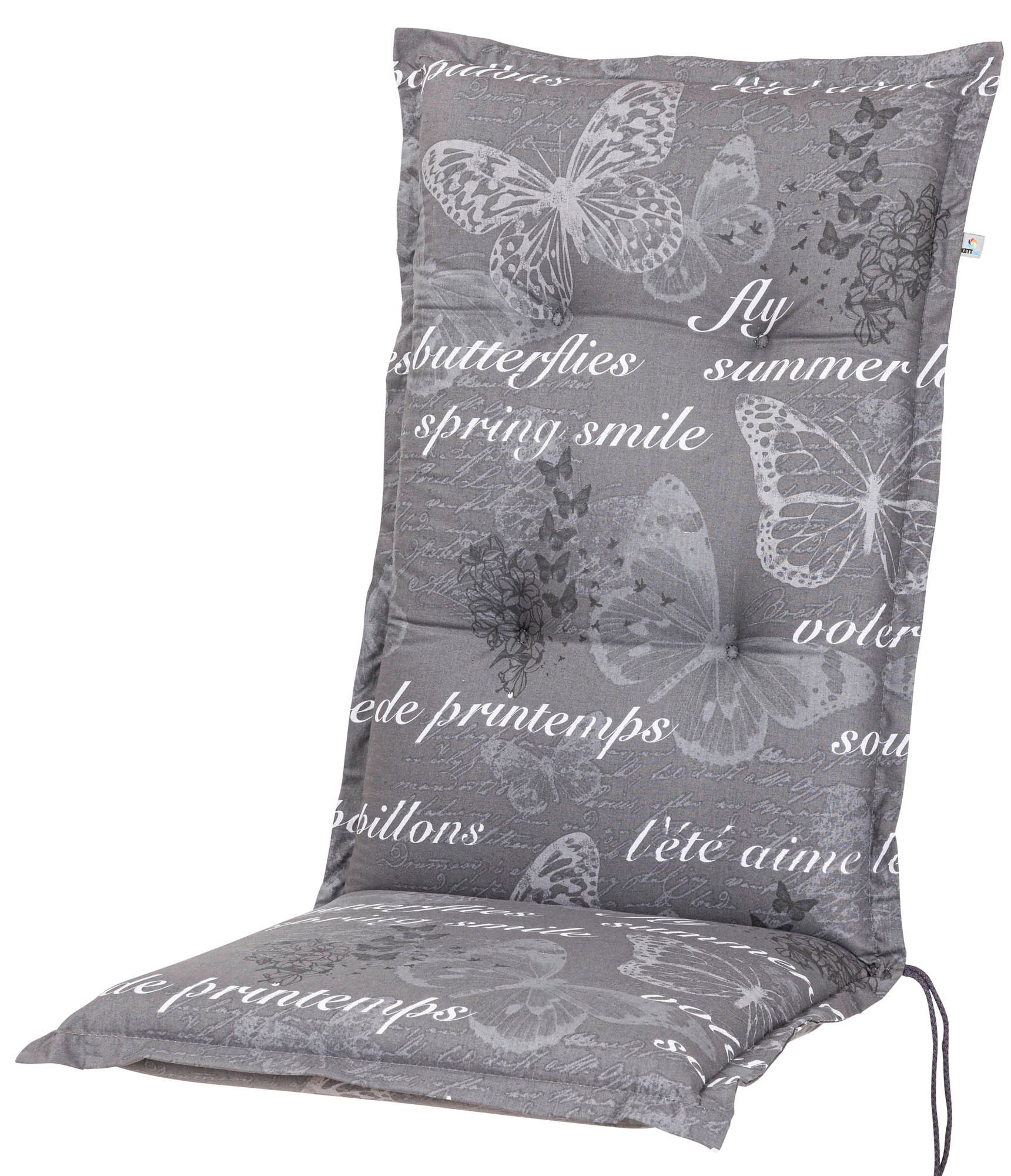 KETTtex Hochlehnerauflage Hochlehner Bali 2385 grau Schmetterlinge 120x49x8 cm KETTtex, (1 St), Halteband verstellbar mit Bindebändern