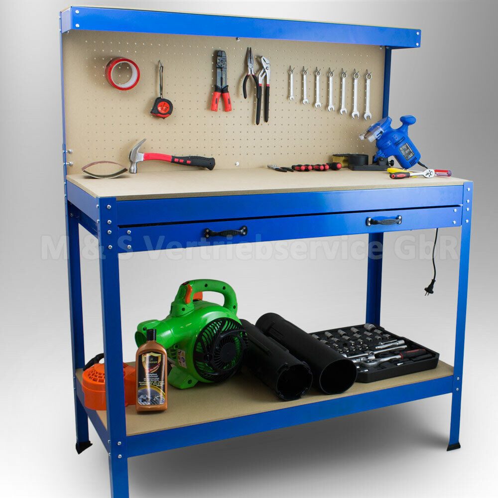 Bituxx Werkbank Werktisch mit Lochwand und Schublade - Blau