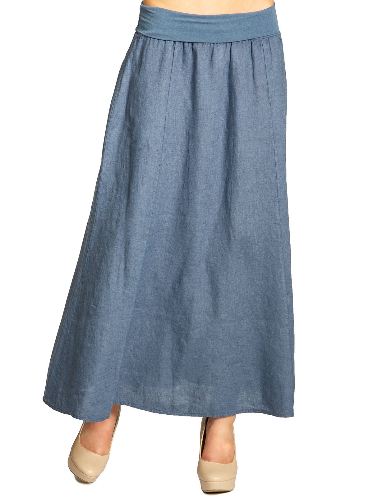 Caspar Faltenrock RO019 Damen langer Maxi Sommer Leinenrock mit figurfreundlichem Stretch Bund - Made in Italy