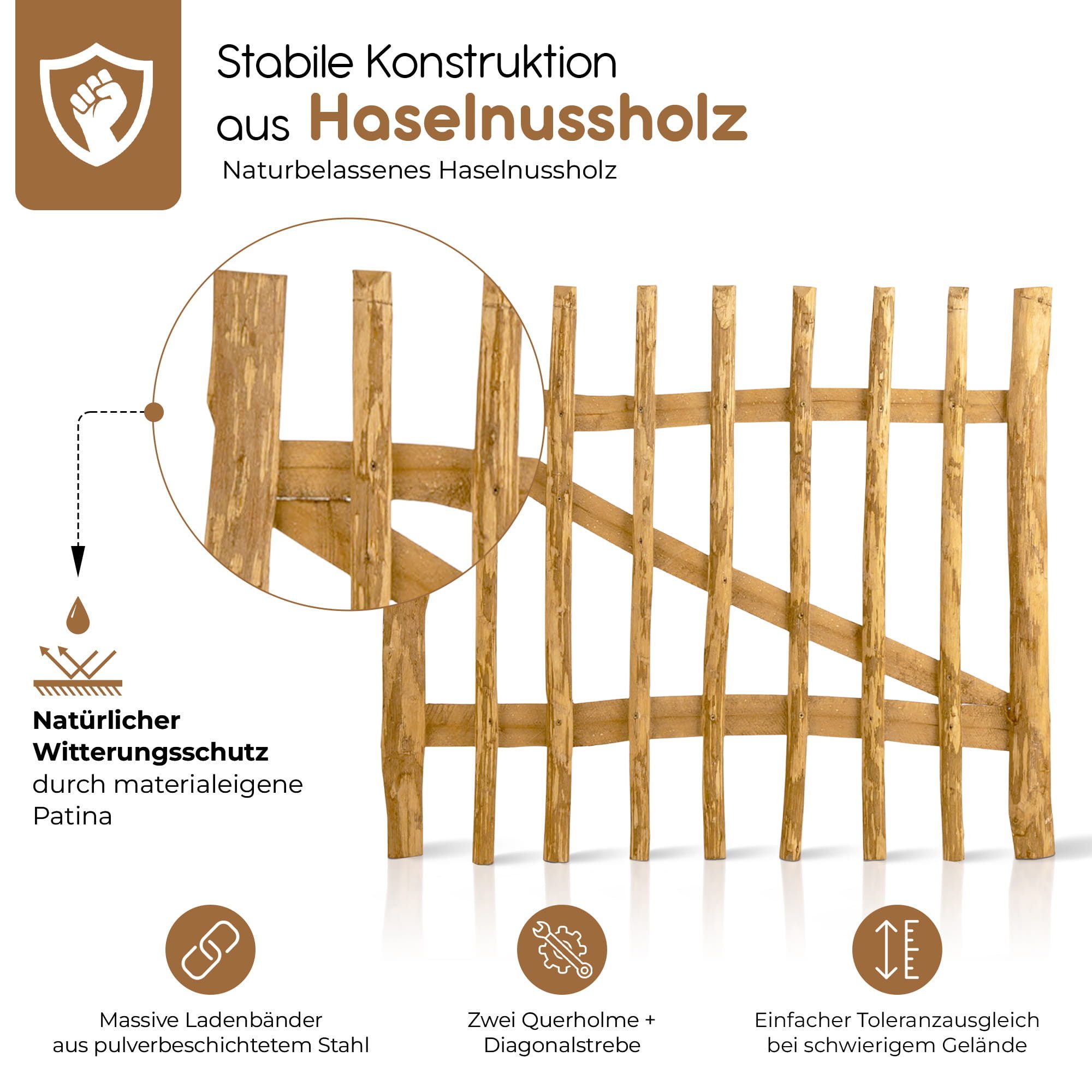 BooGardi Gartentor Staketentor Bausatz Haselnuss Holz, (DIY Gartentür · 80 cm breit x 50 cm hoch · Lattenabstand 3-5), Einflügel- & Doppelflügel-Tor · Staketenz – Bild 3 von 5