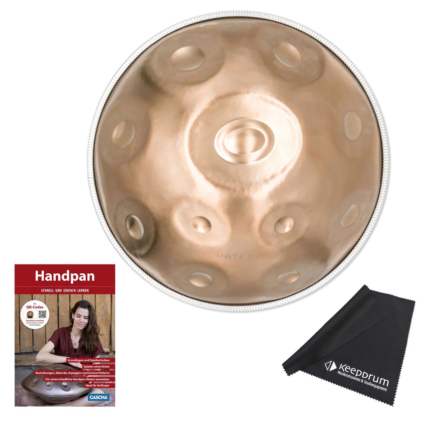 Patera Handpan Patera Handpan HPDM-11 Compact Edelstahl D-Kurd mit Lehrbuch,Vorteils-Set mit Lehrbuch und Mikrofasertuch, 1-St., Handpan, Vorteils-Set mit Lehrbuch und Mikrofasertuch