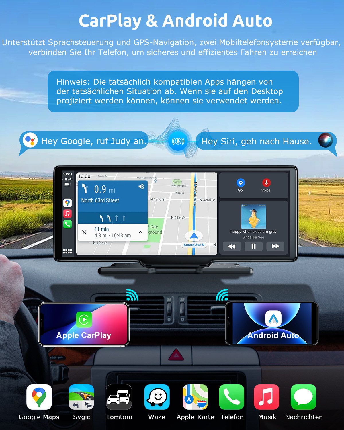 XGODY 4K 10.26" Wireless Carplay Android Auto Display Vorne Rückfahrkamera Navigationsgerät (Tragbar Autoradio Rückfahrkamera IPS Touchscreen GPS Navi FM AUX)