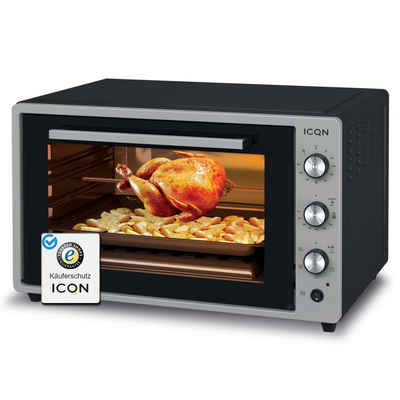 ICQN Minibackofen 60 Liter XXL, inkl. Backblech Set, 40°-230°C, Umluft, Pizza-Ofen, Doppelverglasung, Drehspieß, Timer, Emailliert