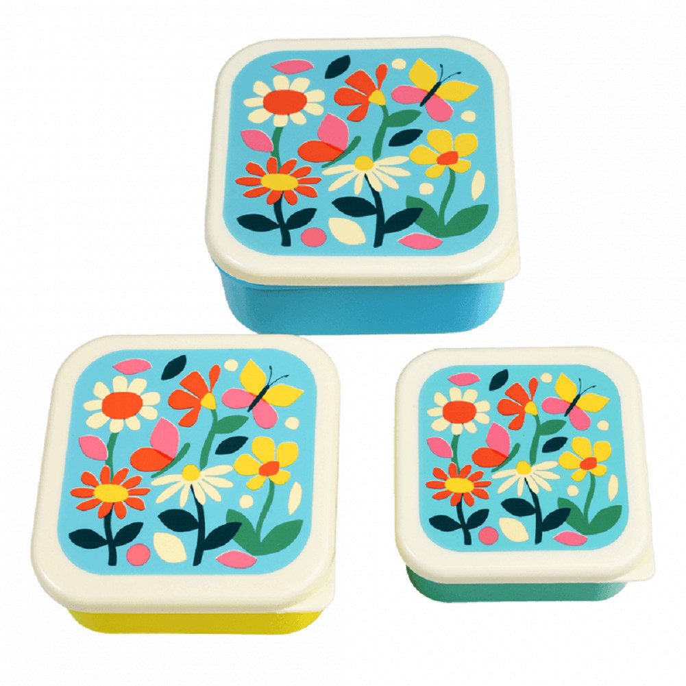 Rex London Lunchbox Snack Box 3er Set Butterfly Garden Schmetterling Garten Blumen, Kunststoff, BPA-frei, (Set, 3-tlg., ca. 11,5 x 11,5 x 5,5 cm (große Box), jede Box mit eigenem Design, passt genau in den größeren Behälter