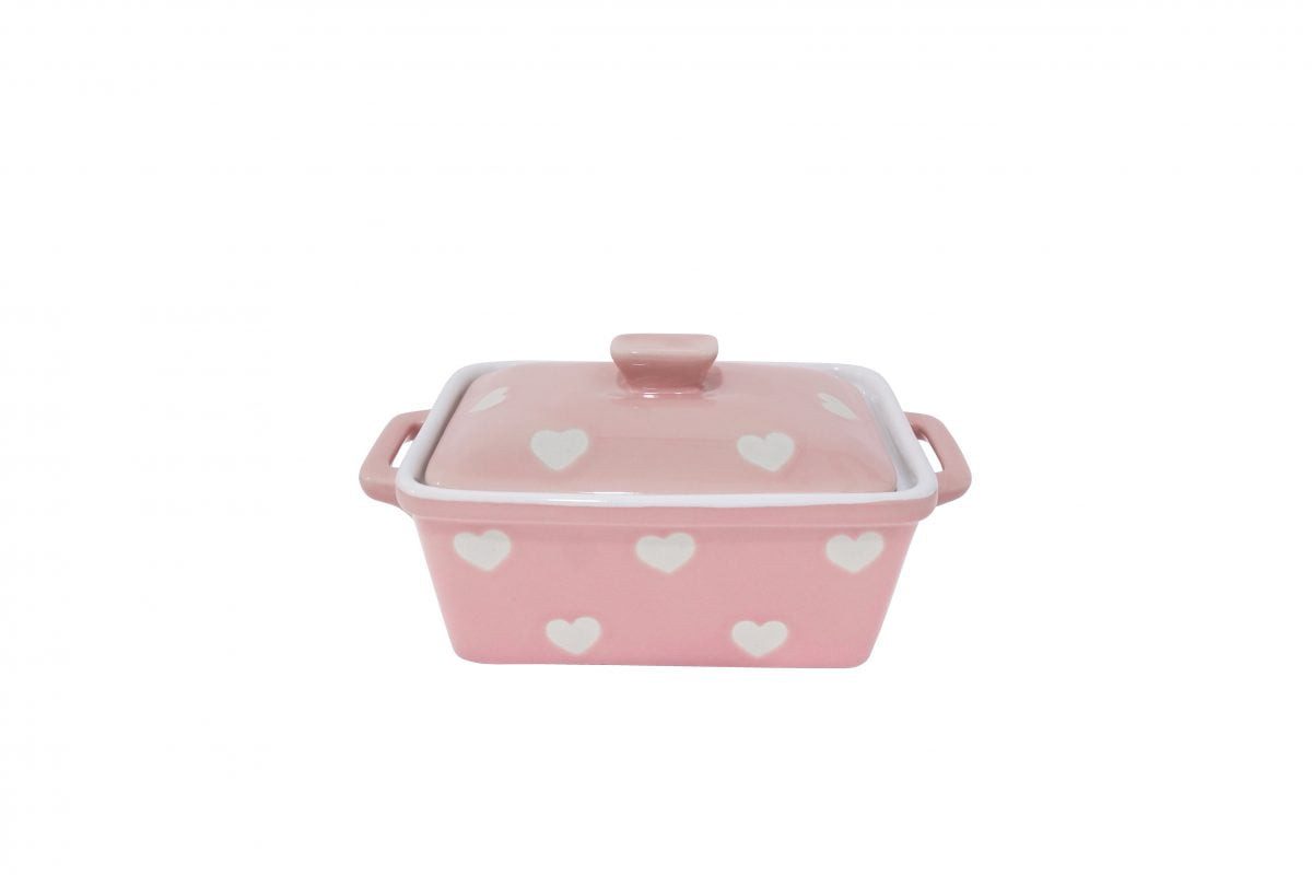 Isabelle Rose Butterdose Punkte Dots Herzen, (Backform, ca. 16,5 x 10 x 8 cm, mit Griffen und Deckel), handbemalt, ofenfest & geeignet für Mikrowelle, Spülmaschine