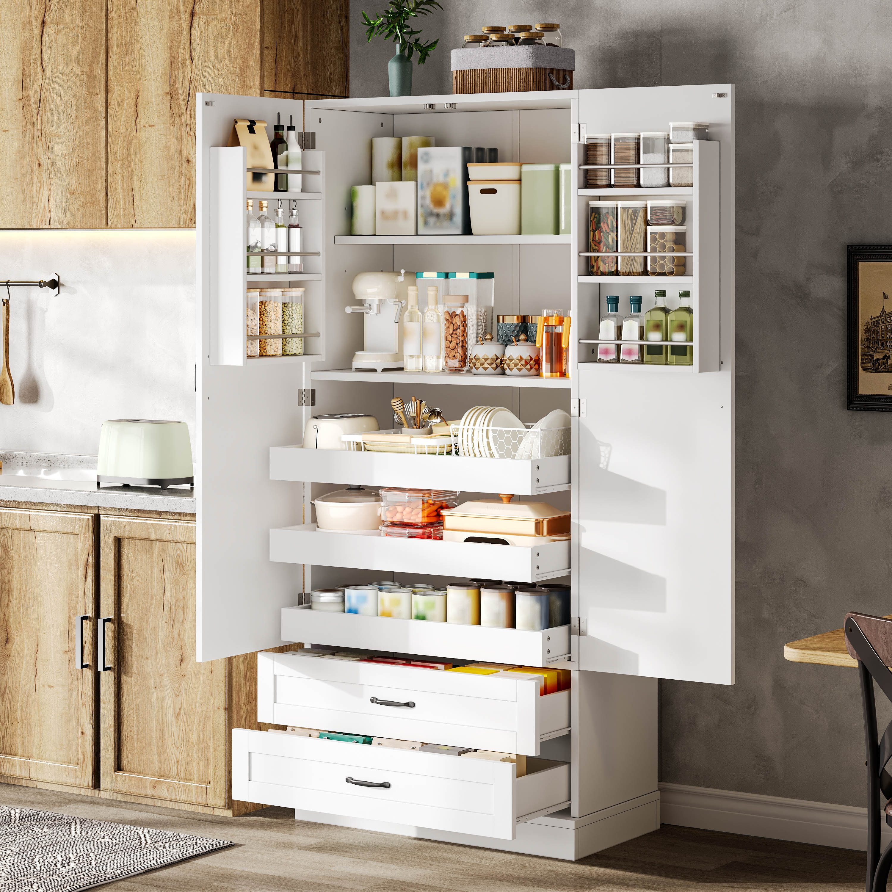 Odikalo Hochschrank Küchenschrank Küchenbuffet mit Ausziehböden Schubladen MDF (L80xB37.5xH180cm Freistehender Schrank mit Türregalen Kippsicherung Perfekt 3 Ausziehböden und Doppeltür-Hochschrank für Küche Esszimmer & Wohnzimmer)