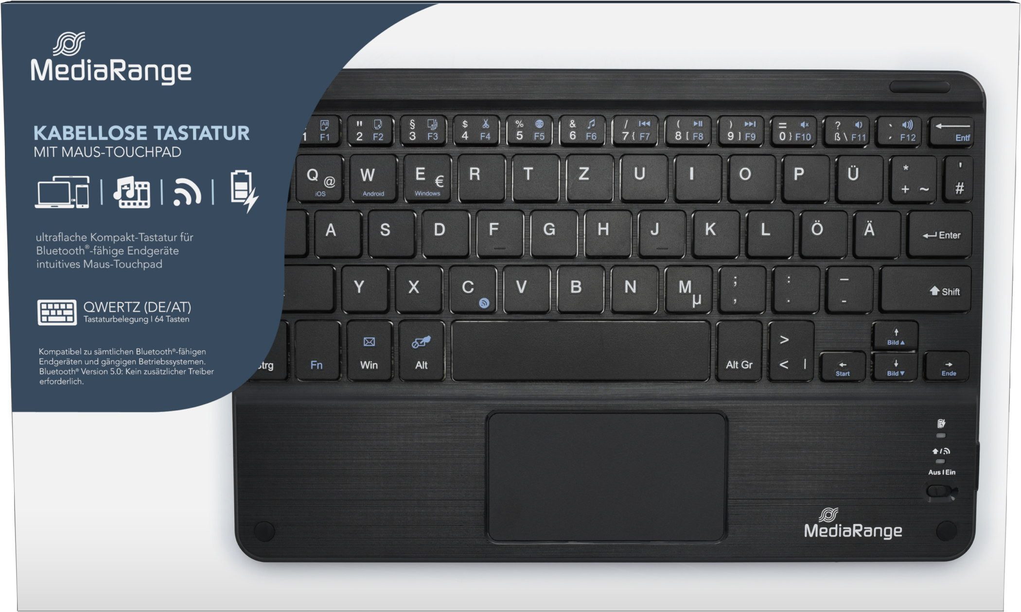 Mediarange Funk Tastatur Compact QWERTZ 64 Tasten und Touchpad schwarz Tastatur