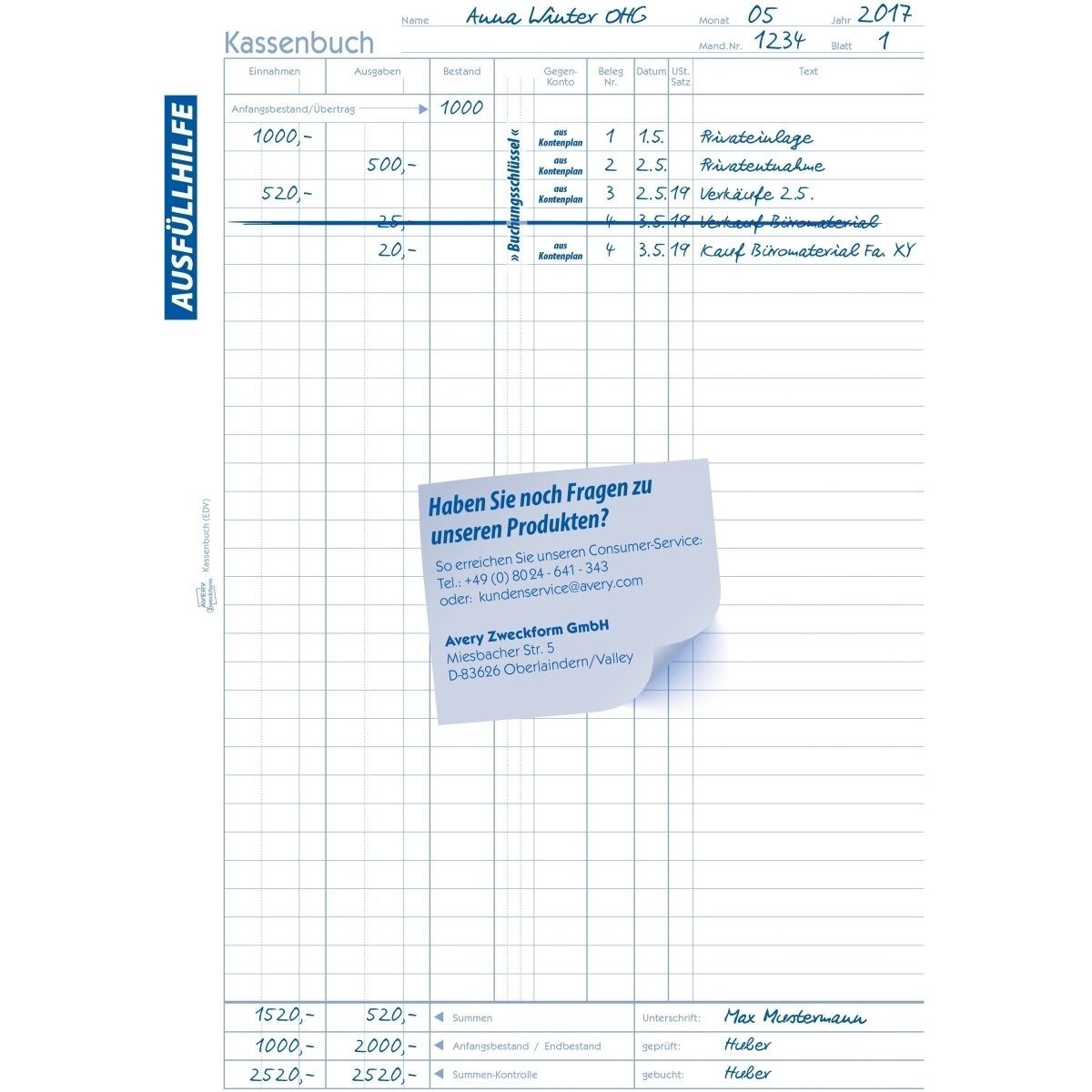 Avery Zweckform Formularblock Formularbuch Kassenbuch EDV A4 VE=100 Blatt mit Ausfüllhilfe