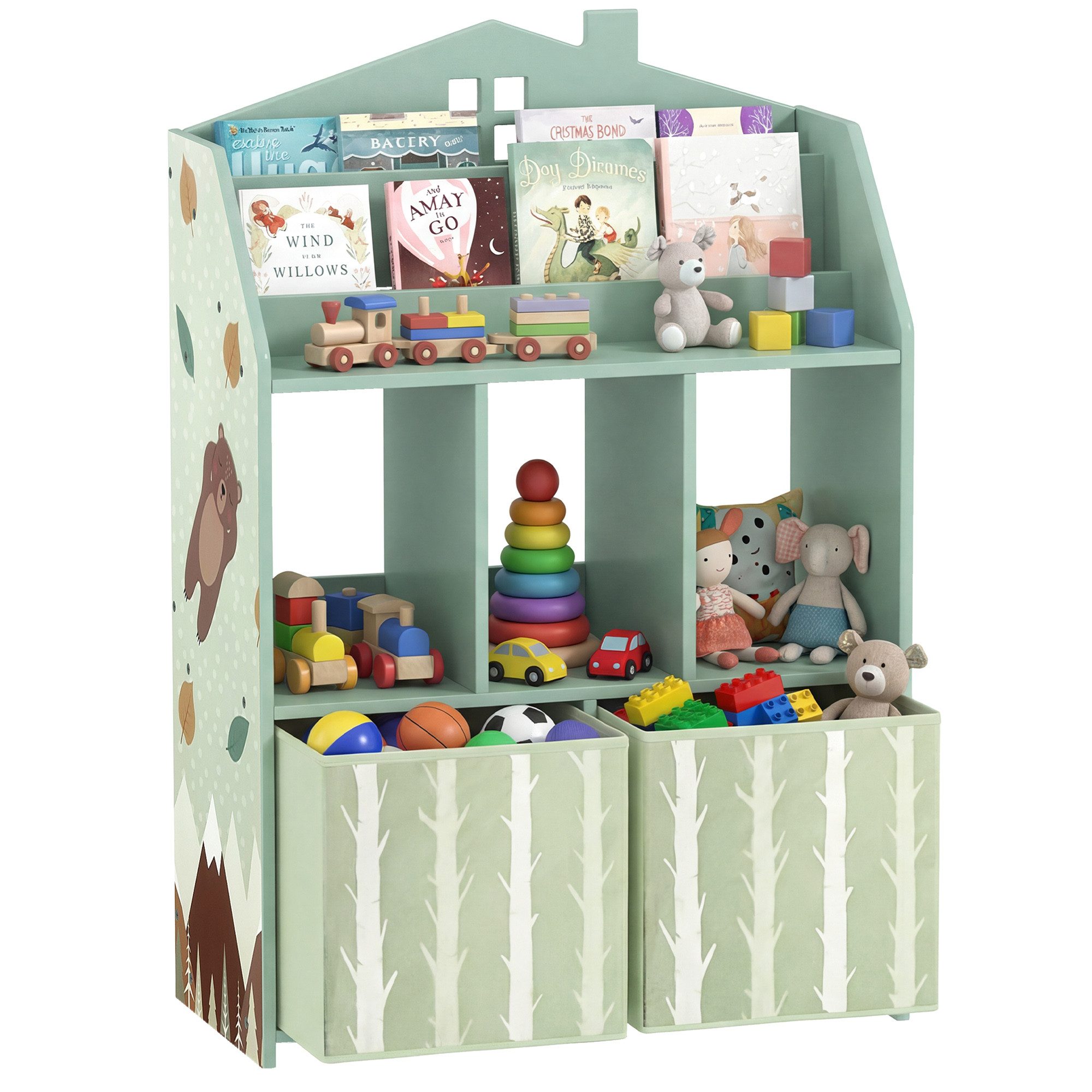 AIYAPLAY Kinderregal Spielzeugregal Kinderzimmerregal mit 2 Stoffschubladen offen, Bücherregal Kinder 1-tlg., für 3-8 Jahre für Spielzeug Bücher 62,5x30x91,5 cm Grün