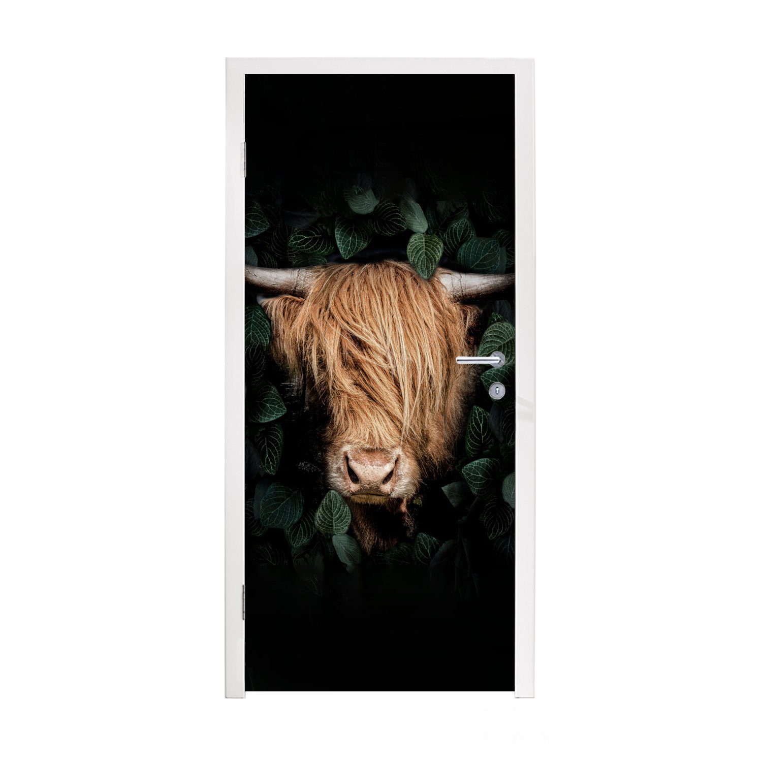 MuchoWow Türtapete Schottische Highlander - Tier - Flora, Matt, bedruckt, (1 St), Fototapete für Tür, Türaufkleber, 75x205 cm
