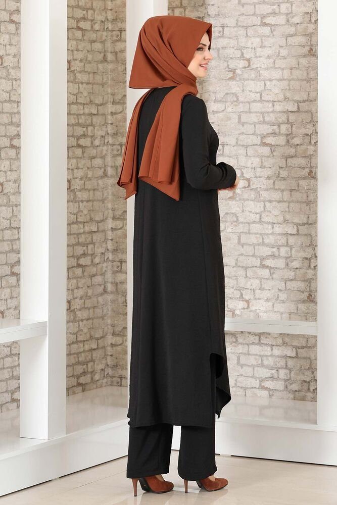 Hijab Kleidung Longtunika Zweiteiler Schwarz Modavitrini Hose Damen mit lange bedeckt Tunika voll Anzug