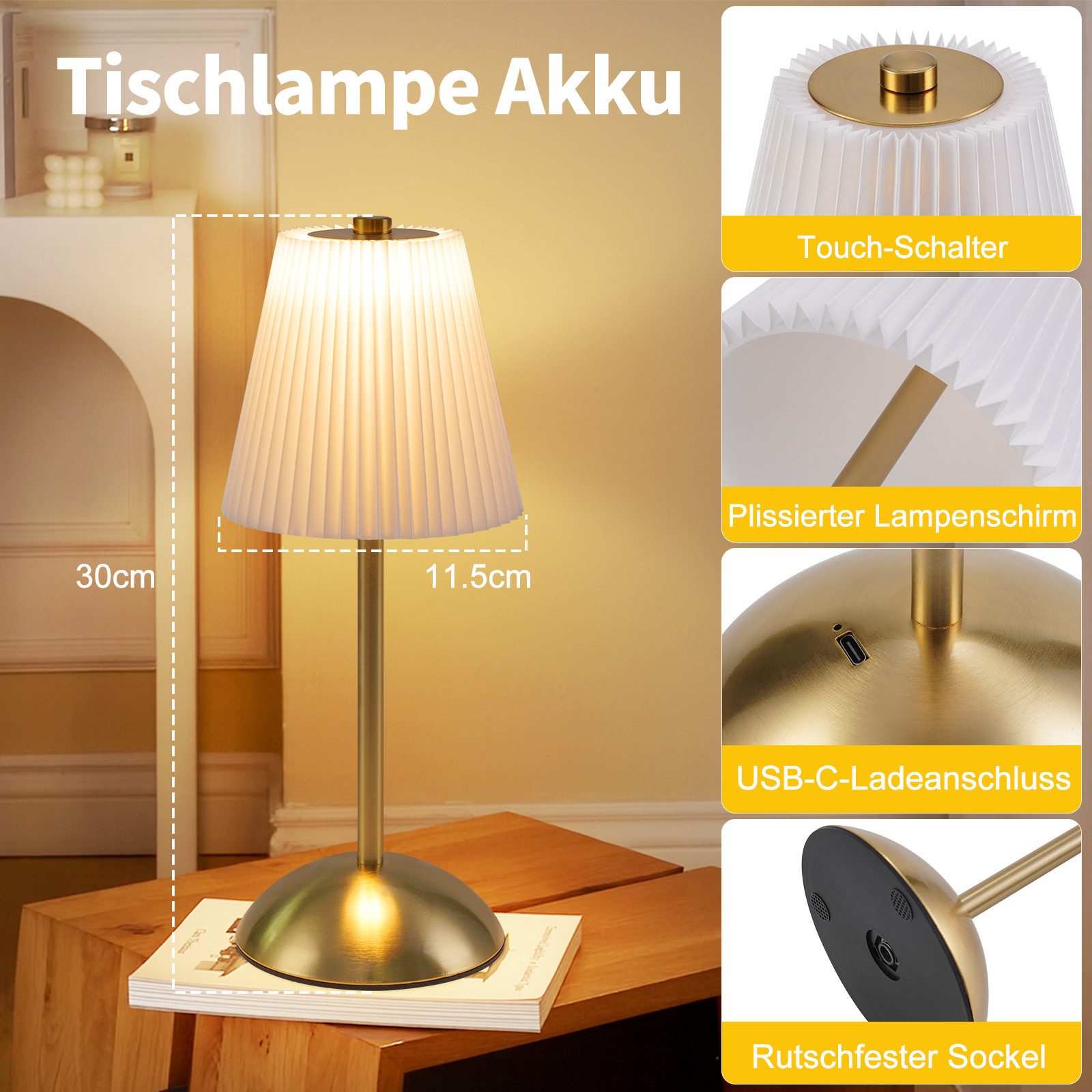 Nettlife LED Tischleuchte 2er Schwarz/Grün/Weiß/Orange/Graublau Stoff Retro Nachttischleuchte, 3 Lichtfarben Akku-Betrieb USB-ladbar, Schlafzimmer Wohnzimmer Arbeitszimmer Büros Eingangsbereiche