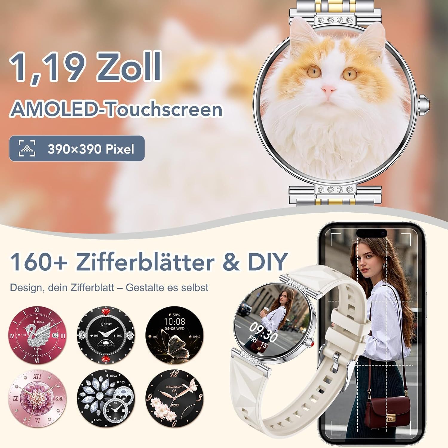 CIVO i226 Smartwatch (2,9 cm, android ios), Damen Smartwatch mit 1.19" AMOLED Display, 2 Armbändern