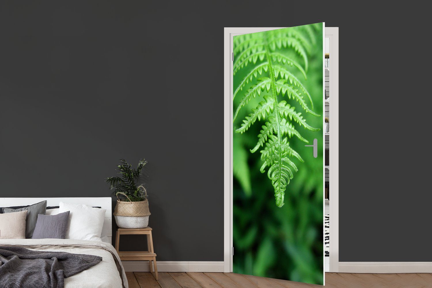 Matt, Tür, Hintergrund, Farns 75x205 St), Grüne vor Türtapete cm MuchoWow einem (1 verblassten Türaufkleber, eines für Blätter bedruckt, Fototapete