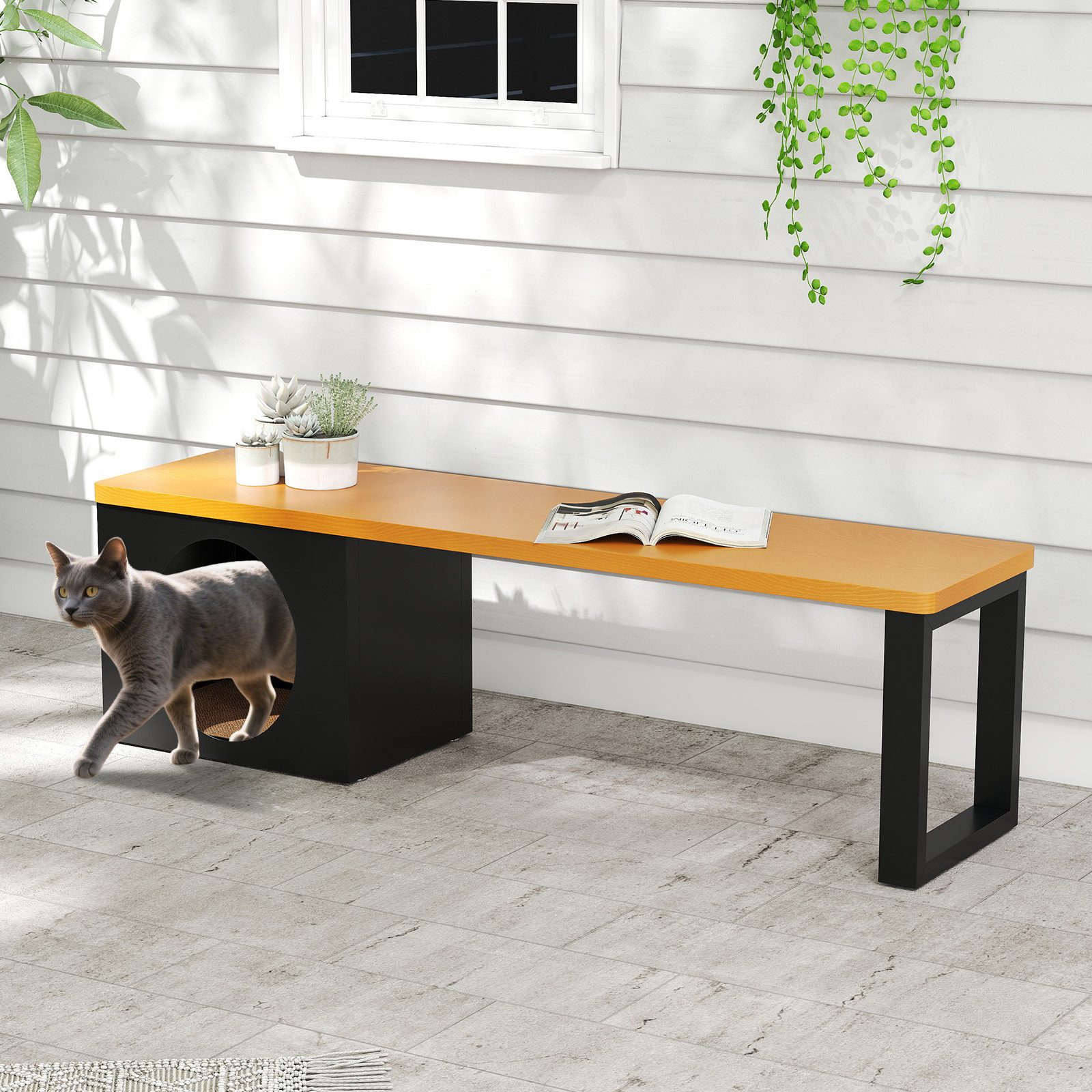 COSTWAY Gartenbank, 150cm Sitzbank mit Katzenhaus, für 3 Personen, bis 450kg