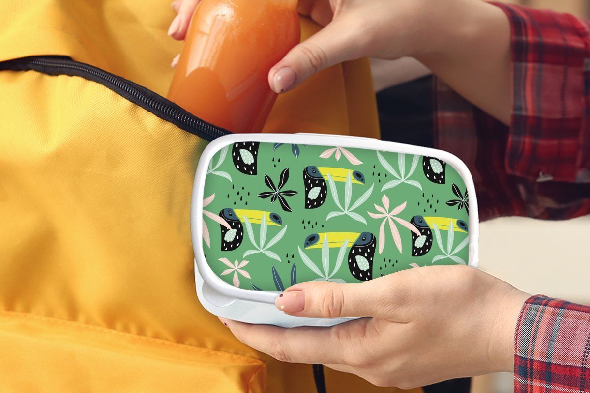 Kunststoff, Tukan Jungs - für Lunchbox MuchoWow für Kinder Dschungel, Mädchen Blätter weiß und Brotbox Brotdose, Erwachsene, und (2-tlg), -