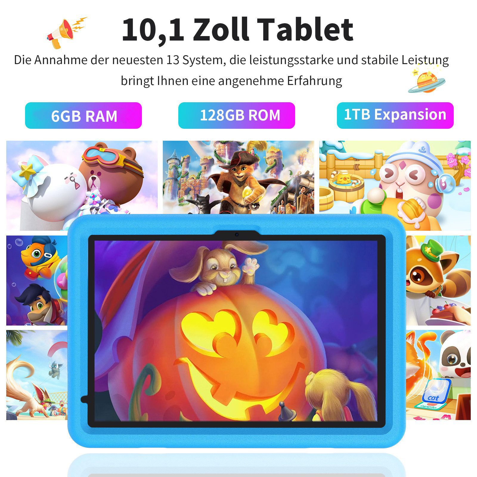 VASOUN 10-Zoll-Kindertablet, 128 GB, Kindersicherung, mit Kindersoftware Tablet (10.1 Zoll Tablet", 128 GB, 4G-Telefonie) blau