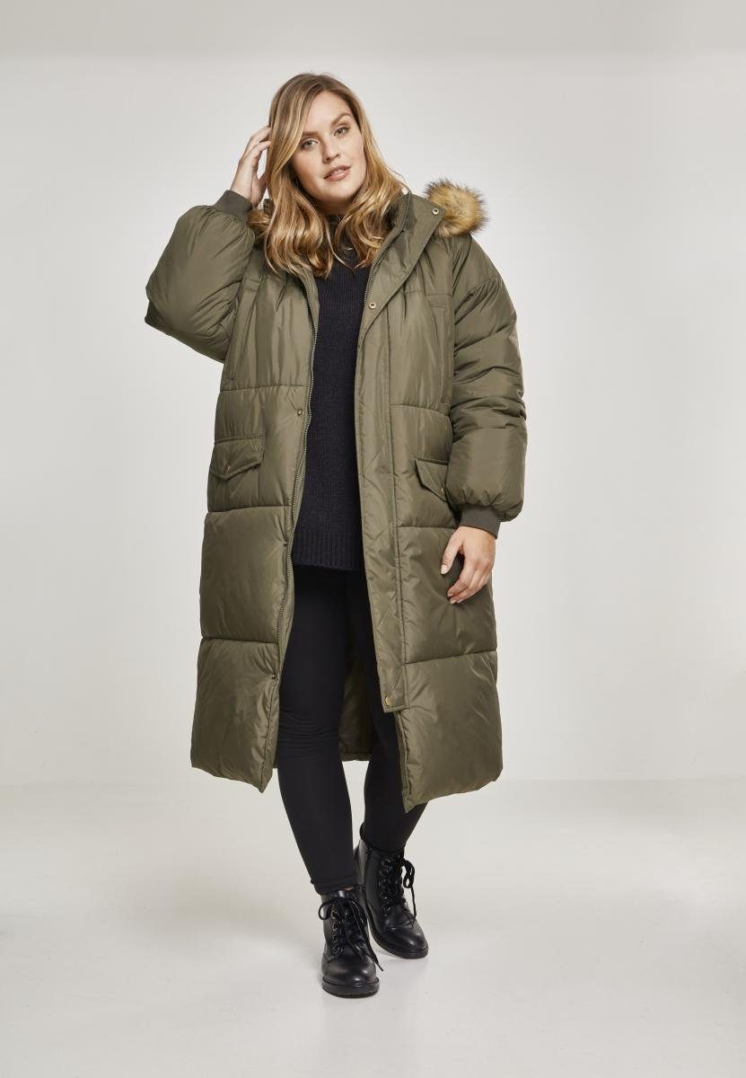 URBAN CLASSICS Outdoorjacke Damen Ladies Oversize Faux Fur Puffer Coat (1-St) darkolive/beige