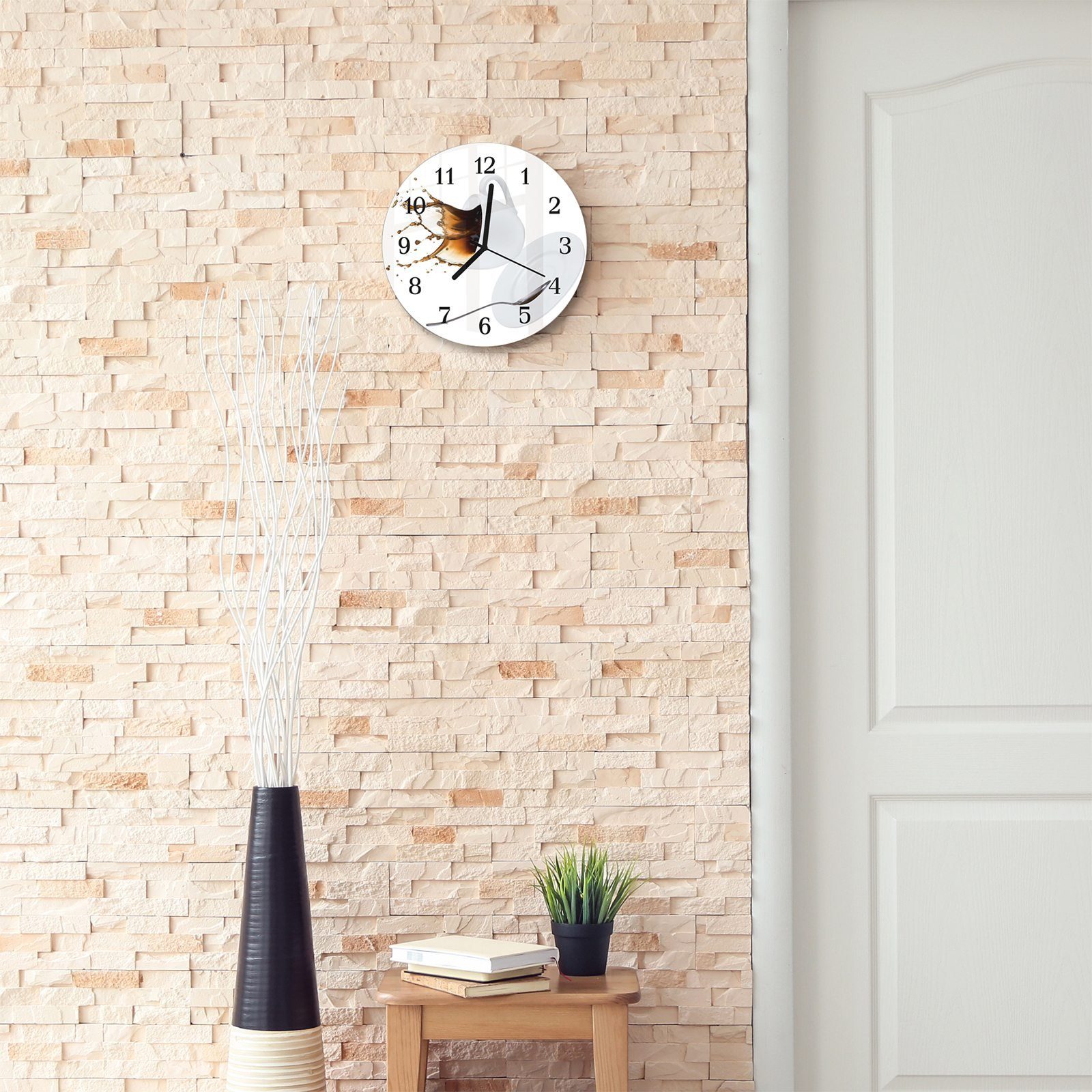 Primedeco Wanduhr Wanduhr aus Rund - und 30 mit Durchmesser Quarzuhrwerk verschüttet cm mit Kaffee Glas Motiv