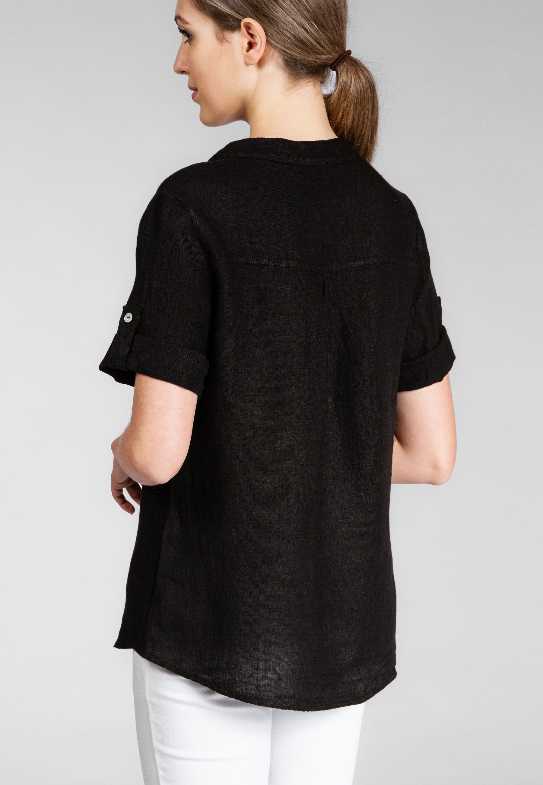 V-Ausschnitt Leinenbluse mit Caspar Sommer elegante Damen BLU024 schwarz stylischem Halbarm Shirtbluse