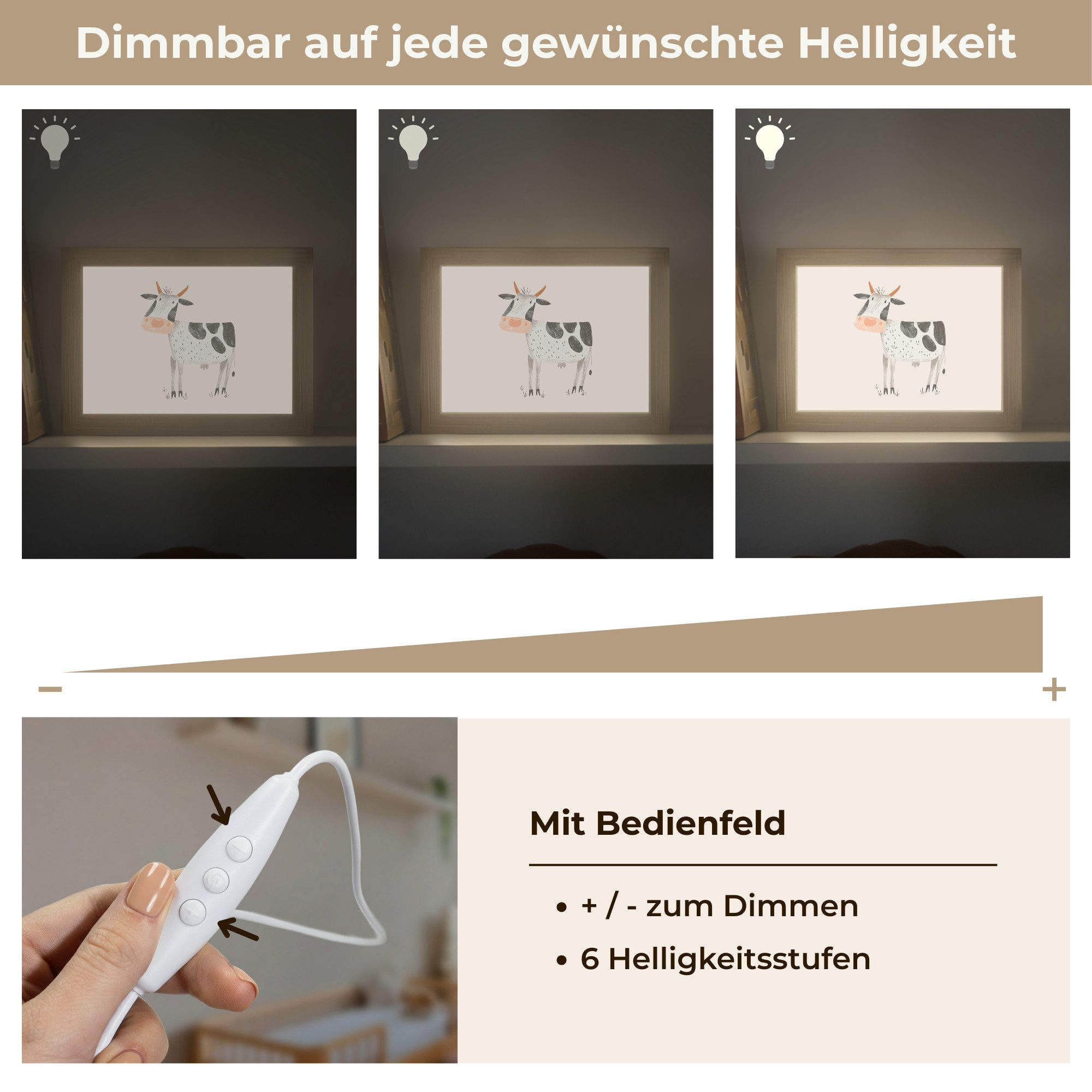 OnlyWow Nachttischlampe Lightbox Kuh - Bauernhoftier - Tiere - Pastellfarben - Jungen, Dimmbar, Farbwechsel, LED, Warmweiß, Kaltweiß, Neutralweiß Einstellbar, K – Bild 5 von 5