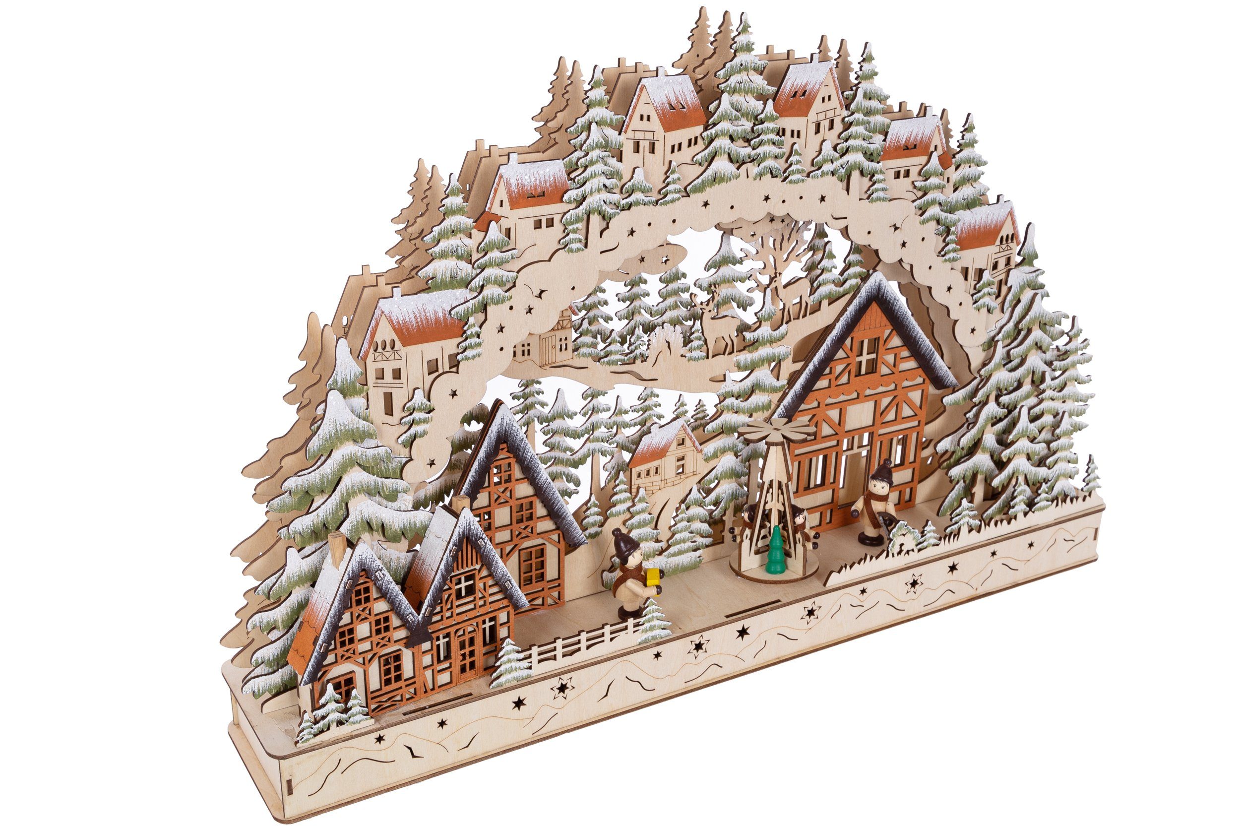 Wohnando Weihnachtsdorf Schwibbogen aus Holz mit 3D Winterdorf/Weihnachtsmarkt, 15 LED's