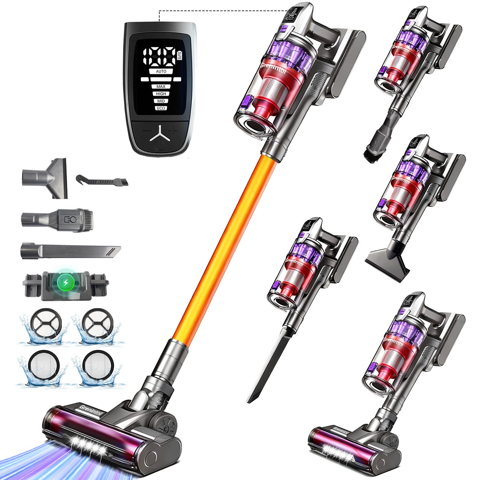 Grenintol Akku-Hand-und Stielstaubsauger 85000Pa Akku Staubsauger,Akku Handstaubsauger,Akkusauger Kabelloser, 500 W, beutellos, AkkuStaubsauger 500W,Handstaubsauger mit 4 Saugstufen,60 Min Laufzeit