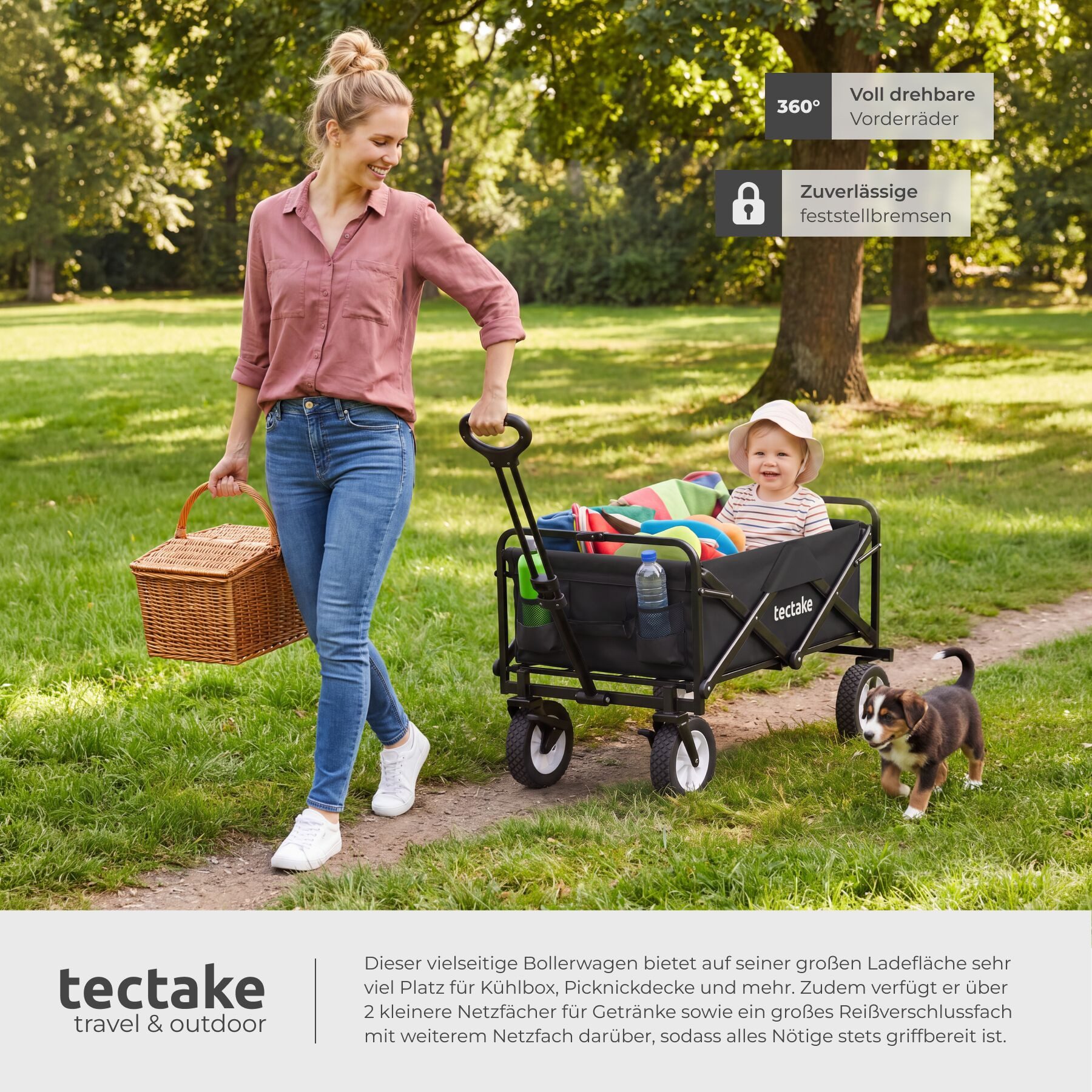 tectake Bollerwagen Faltbarer Handwagen Leon mit Bremsen, Belastbarkeit 80kg (1 Transportwagen, 1-tlg., 97L Volumen in Schwarz), faltbar – Bild 4 von 5