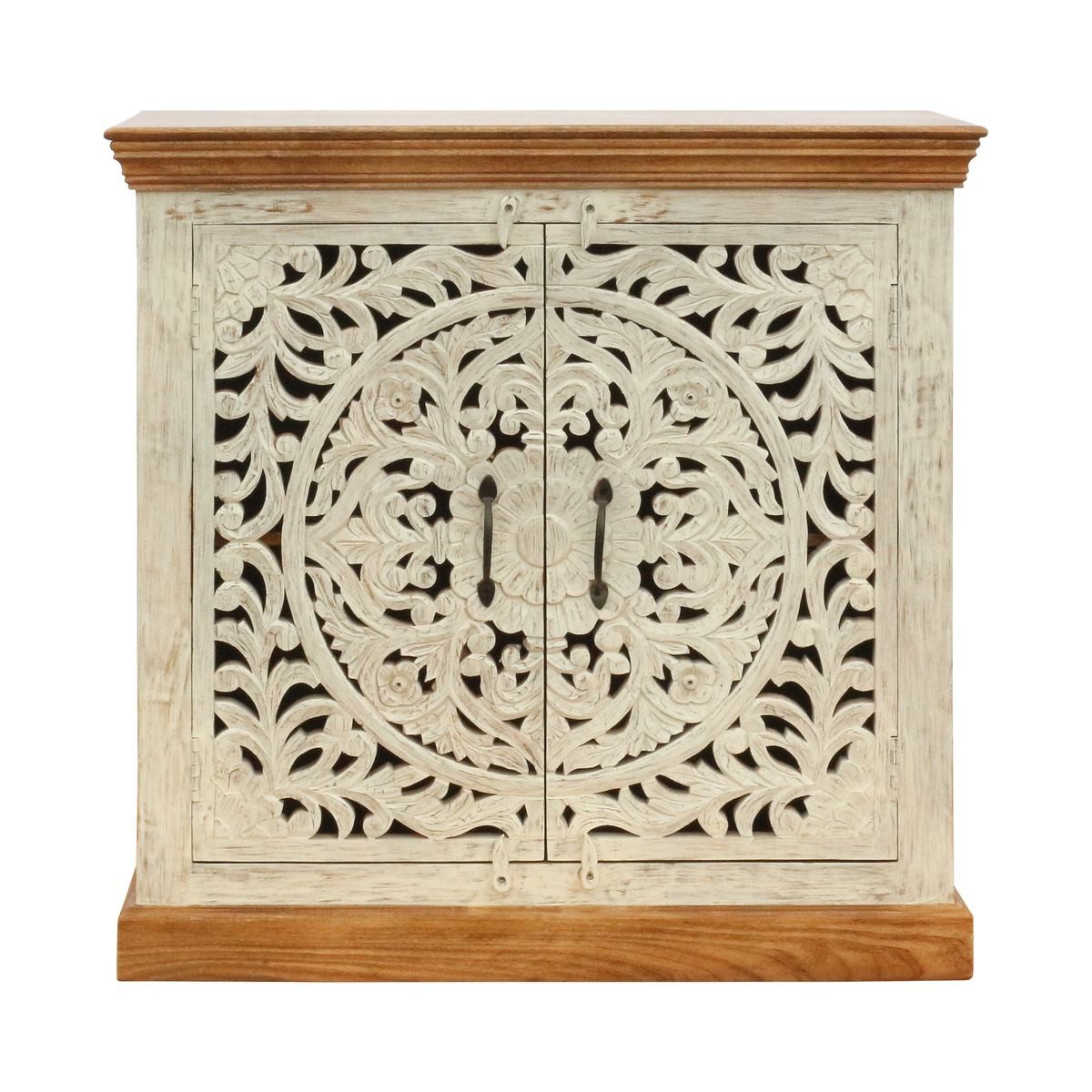 Oriental Galerie Unterschrank Sideboard Benisha Braun Weiß Indien 90 cm Kommode Massivholz Schrank Boho Möbel