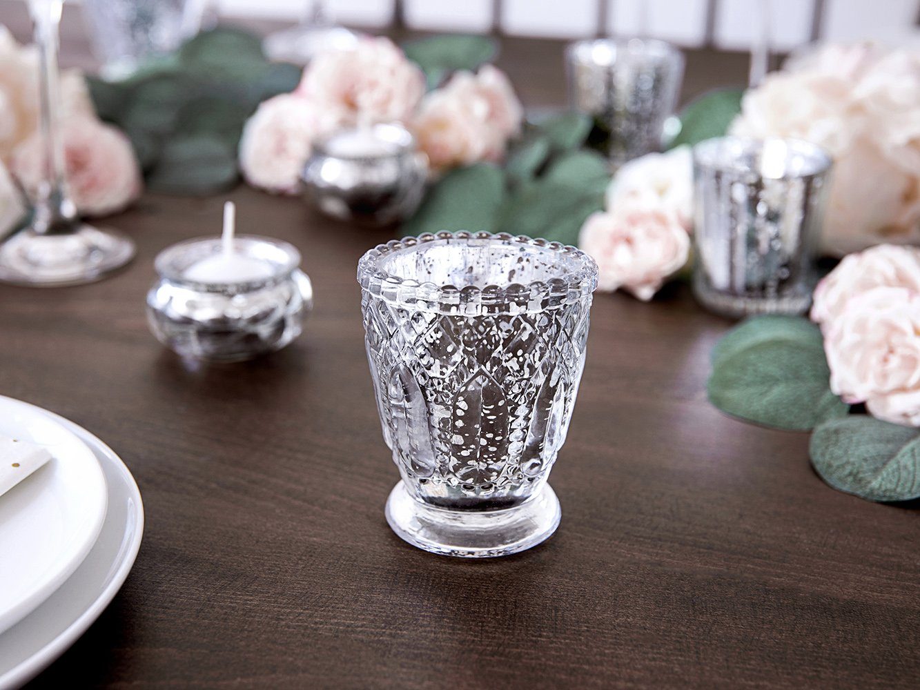 partydeco Teelichthalter, Teelichtgläser Kelch geprägte Ornamenten 7x8cm silber 4er Set