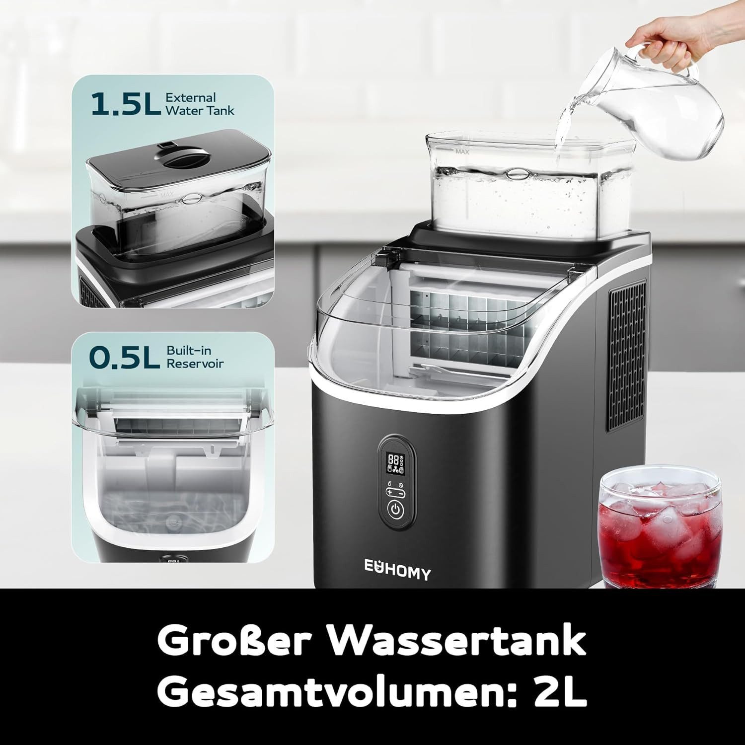 EUHOMY Eiswürfelmaschine Eiswuerfelmaschine 15 kg/24H, Quadratische Eiswürfel, 2L, Eiswuerfeldicke individuell einstellbar mit Timer und Selbstreinigung – Bild 5 von 5