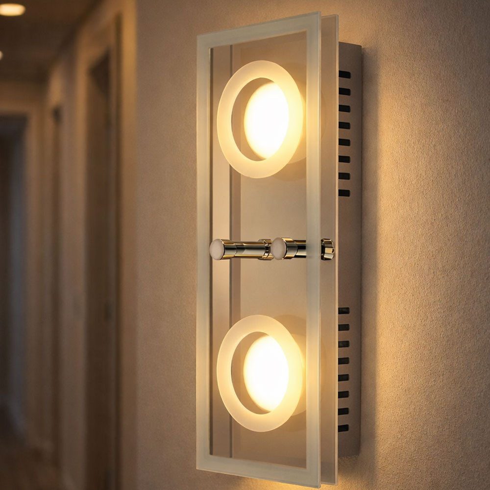 WOFI LED Wandleuchte, LED-Leuchtmittel fest verbaut, Warmweiß, LED Decken Leuchte Wohnraum Wand Lampe Glas Strahler silber 2-flg WOFI