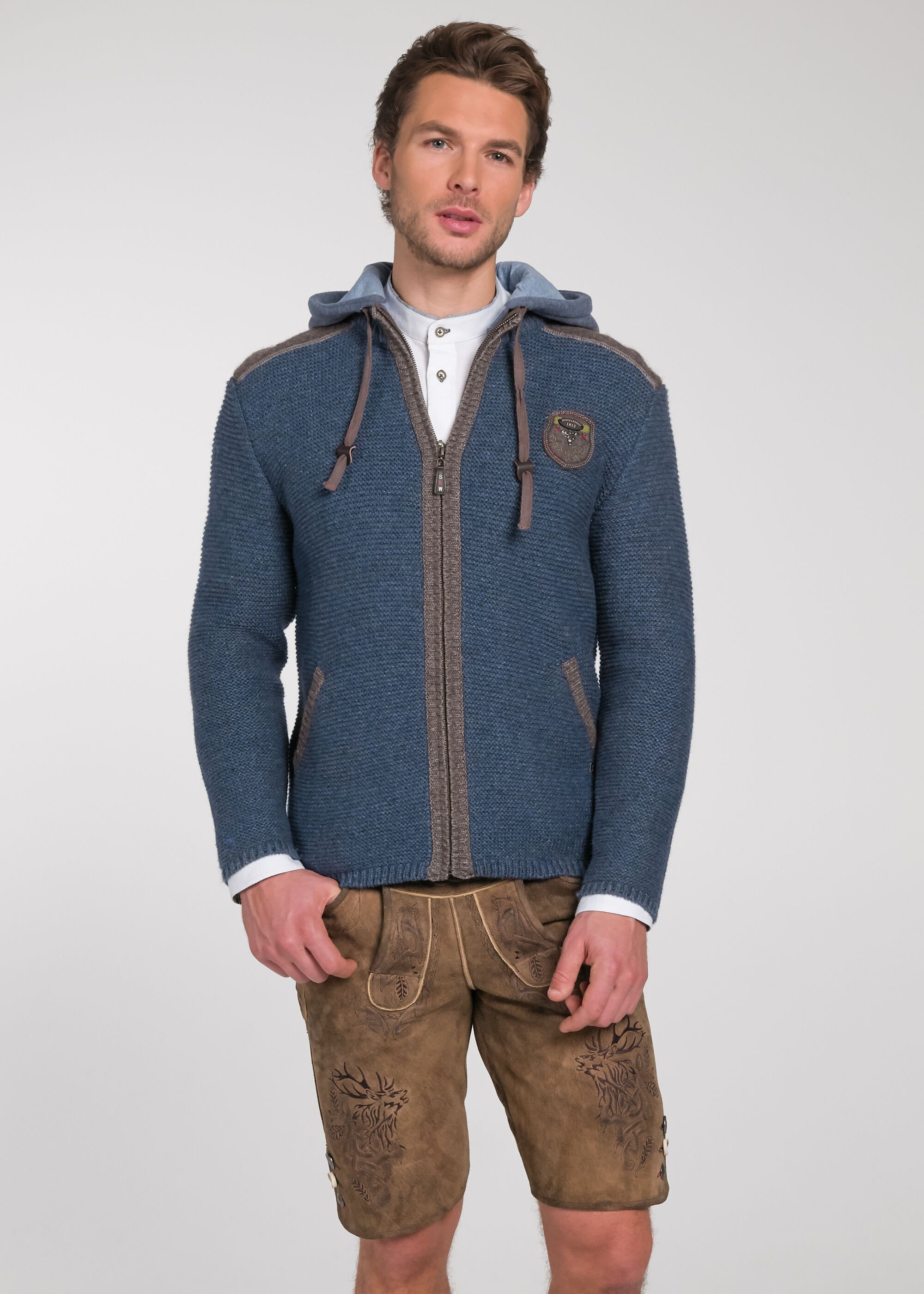 Dakar mit 70 Wensky jeansblau/beige-braunmel. Trachtenstrickjacke Sweater-Kapuze & Spieth cm