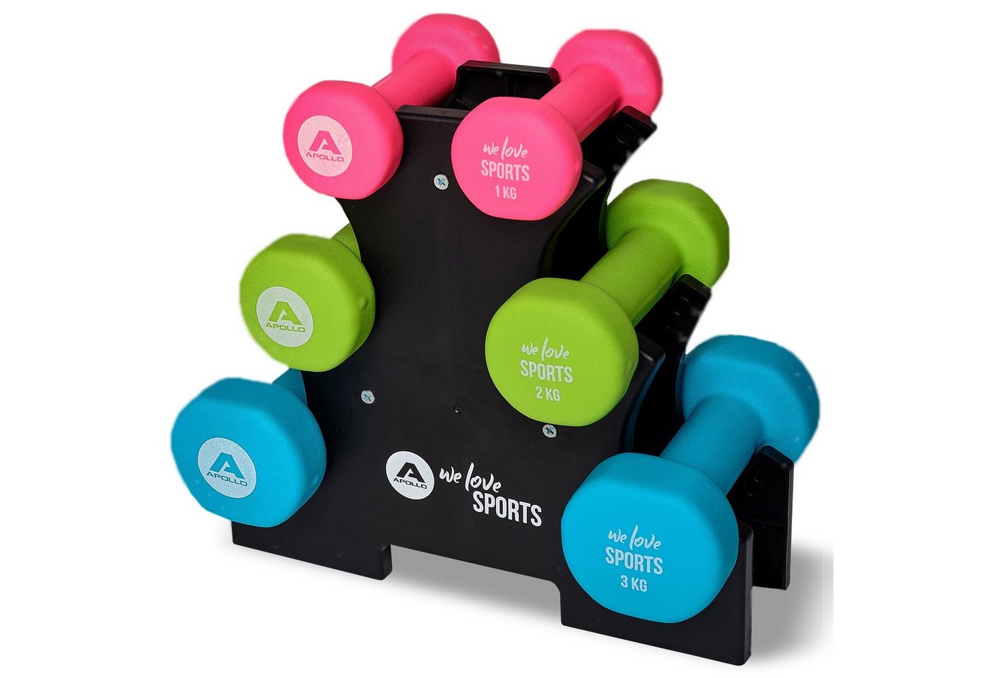 Apollo Kurzhantel Hantel Set Kurzhantel Fitness Hanteln 1-3 kg, (inkl. Hantelständer), rutschfest, 2x 1kg, 2x 2kg, 2x 3kg