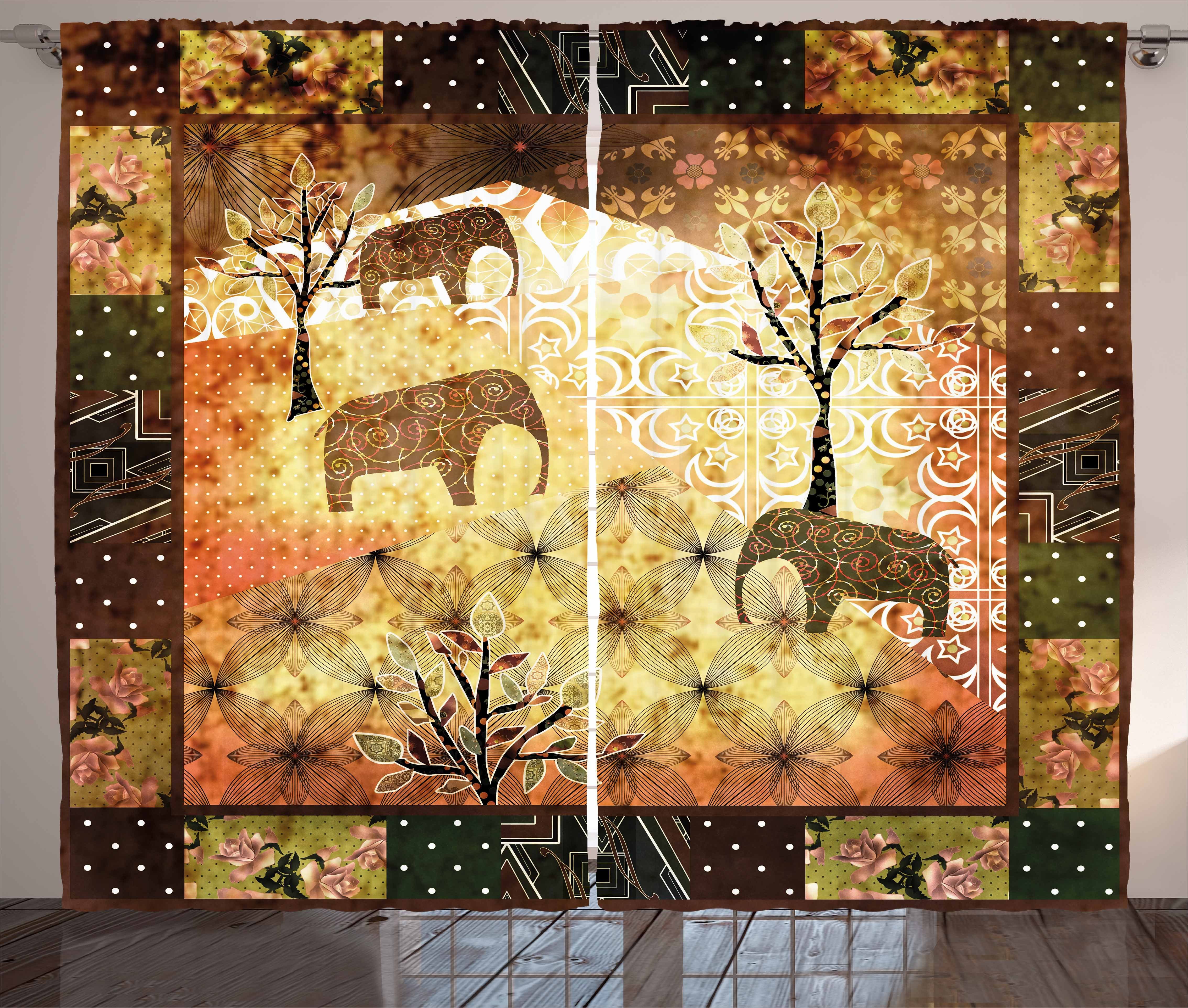 Gardine Schlafzimmer Kräuselband Vorhang mit Schlaufen und Haken, Abakuhaus, Afrikanisch Grunge Elefanten Roses