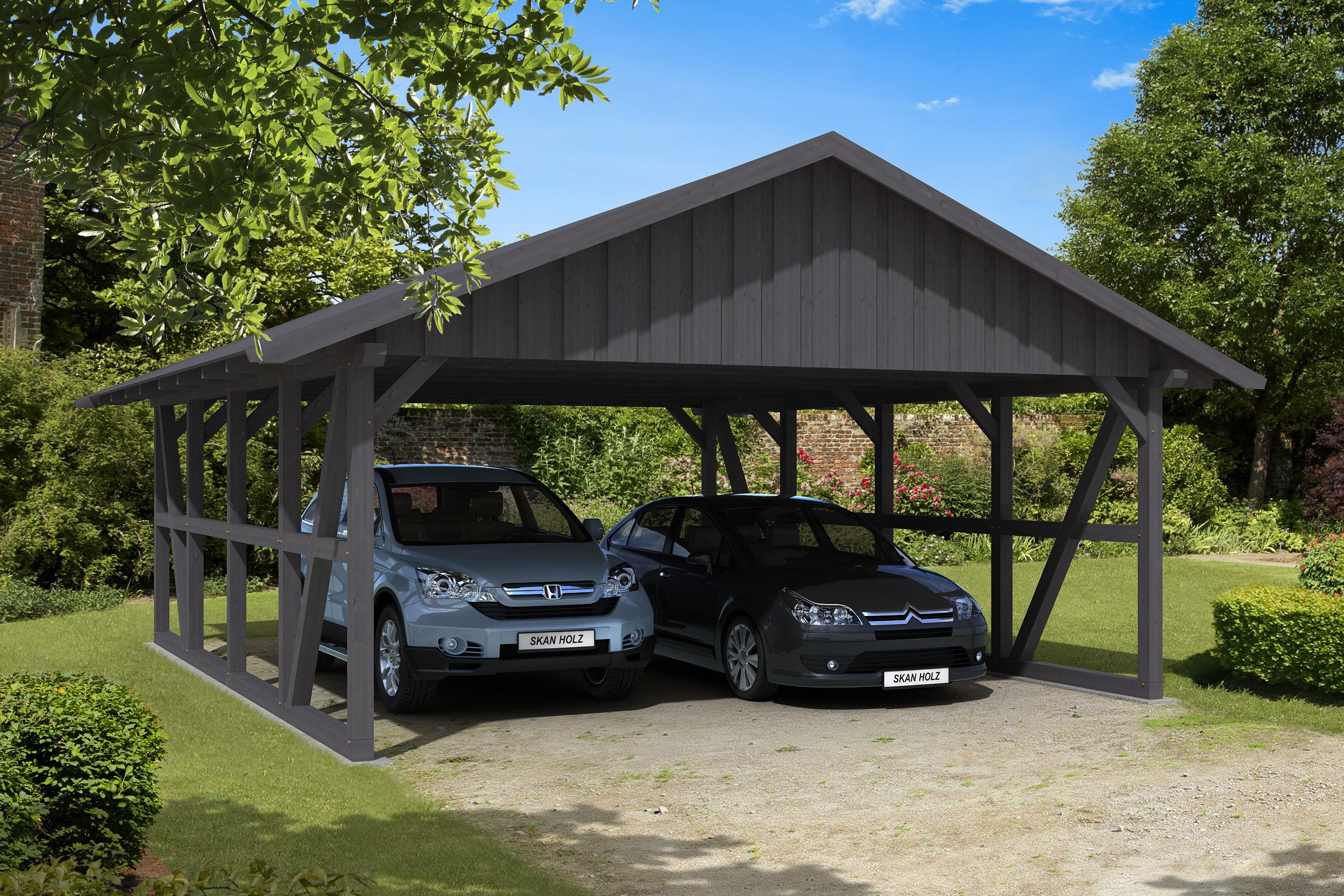 Skanholz Doppelcarport Schwarzwald, BxT: 684x772 cm, 220 cm Einfahrtshöhe, mit Dachschalung