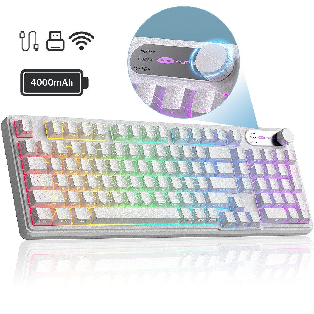 Novzep Tri-Mode Gaming-Tastatur mit 98 Tasten, Membrantastatur kabellos Gaming-Tastatur (RGB Beleuchtung,ergonomisch, Anti-Ghosting, Multimedia Steuerung)