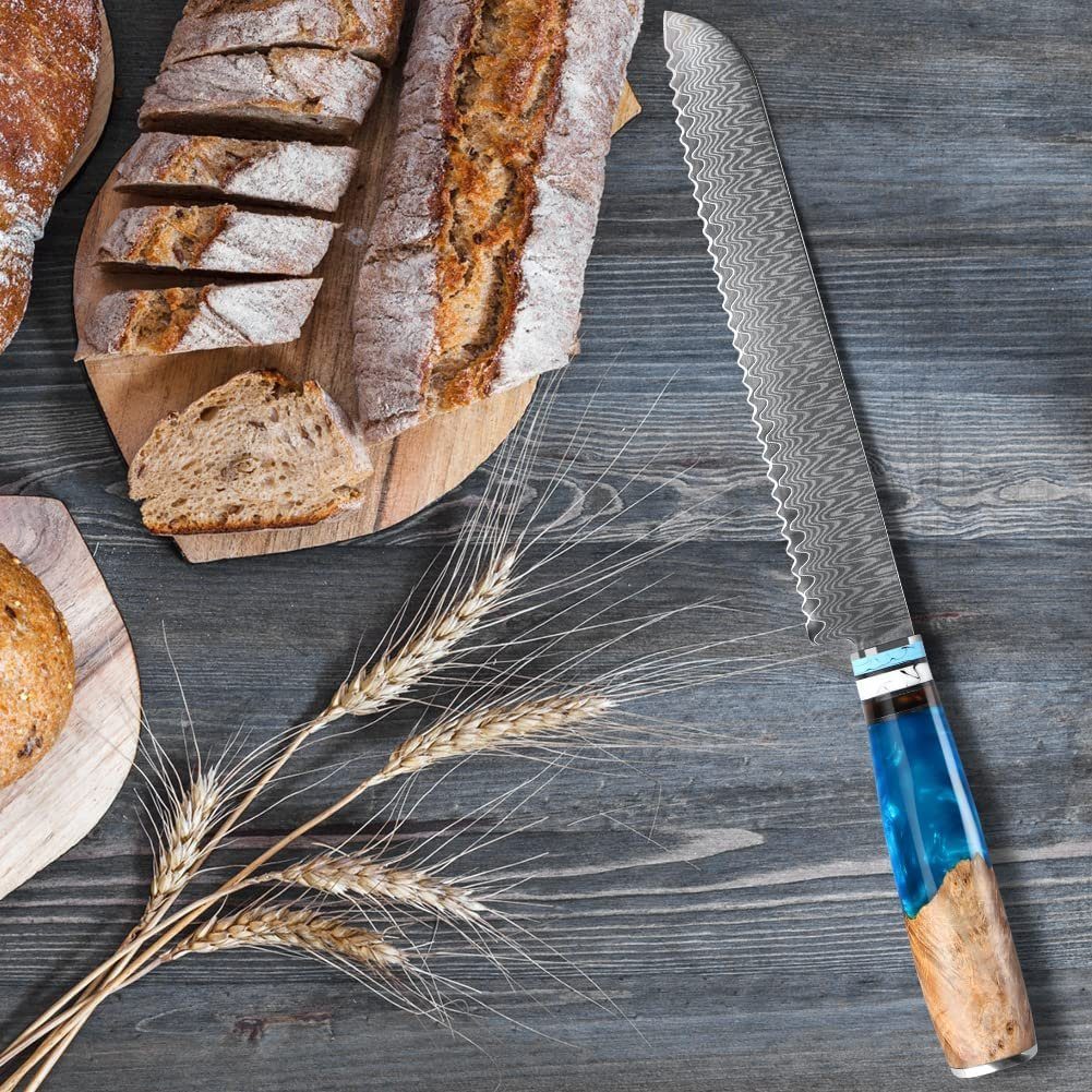 Brotmesser mit Home Wellenschliff Damaststahl Sägemesser safety Damastmesser