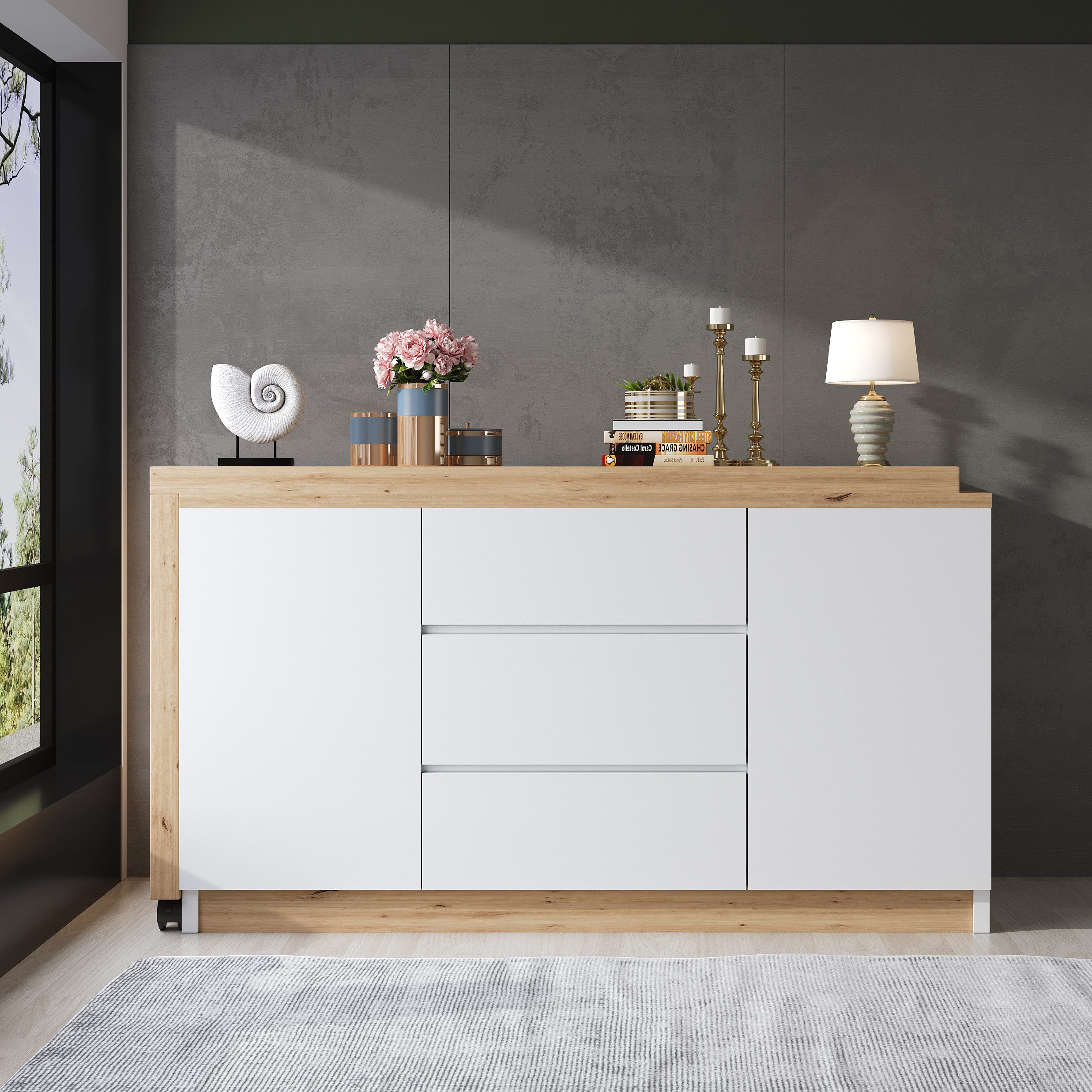 Flieks Kommode mit 360° drehbare Tisch, Rollen und Schubladen (2 St., mit verstellbaren Einlegeböden), Schreibtisch Sideboard Mehrzweckschrank Arbeitstisch weiß&Eiche