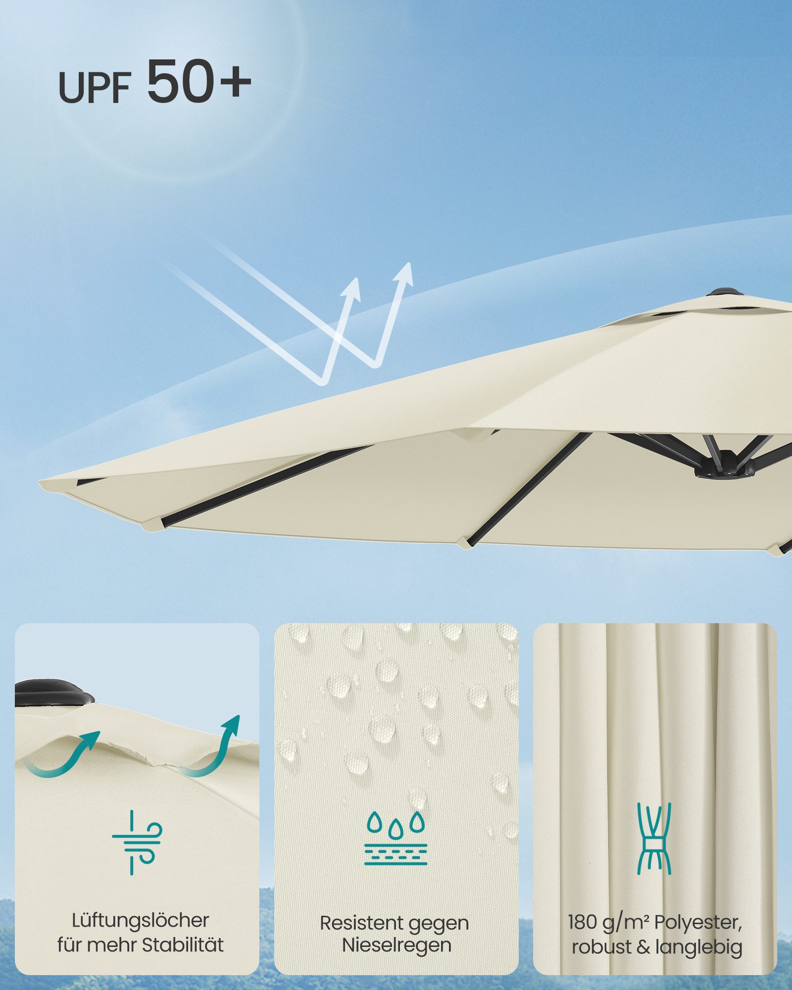 SONGMICS Sonnenschirm, LxB: 394x200 cm, extra großer Doppelsonnenschirm, UPF 50+,mit Kurbel,ohne Ständer