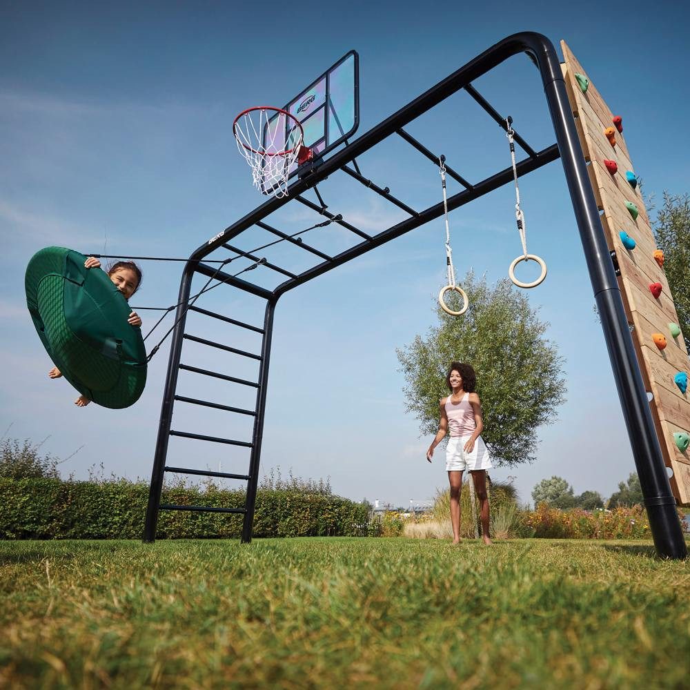 Berg Klettergerüst PlayBase L Schaukelgestell mit 2 Reckstangen + Holzschaukel und Trapez