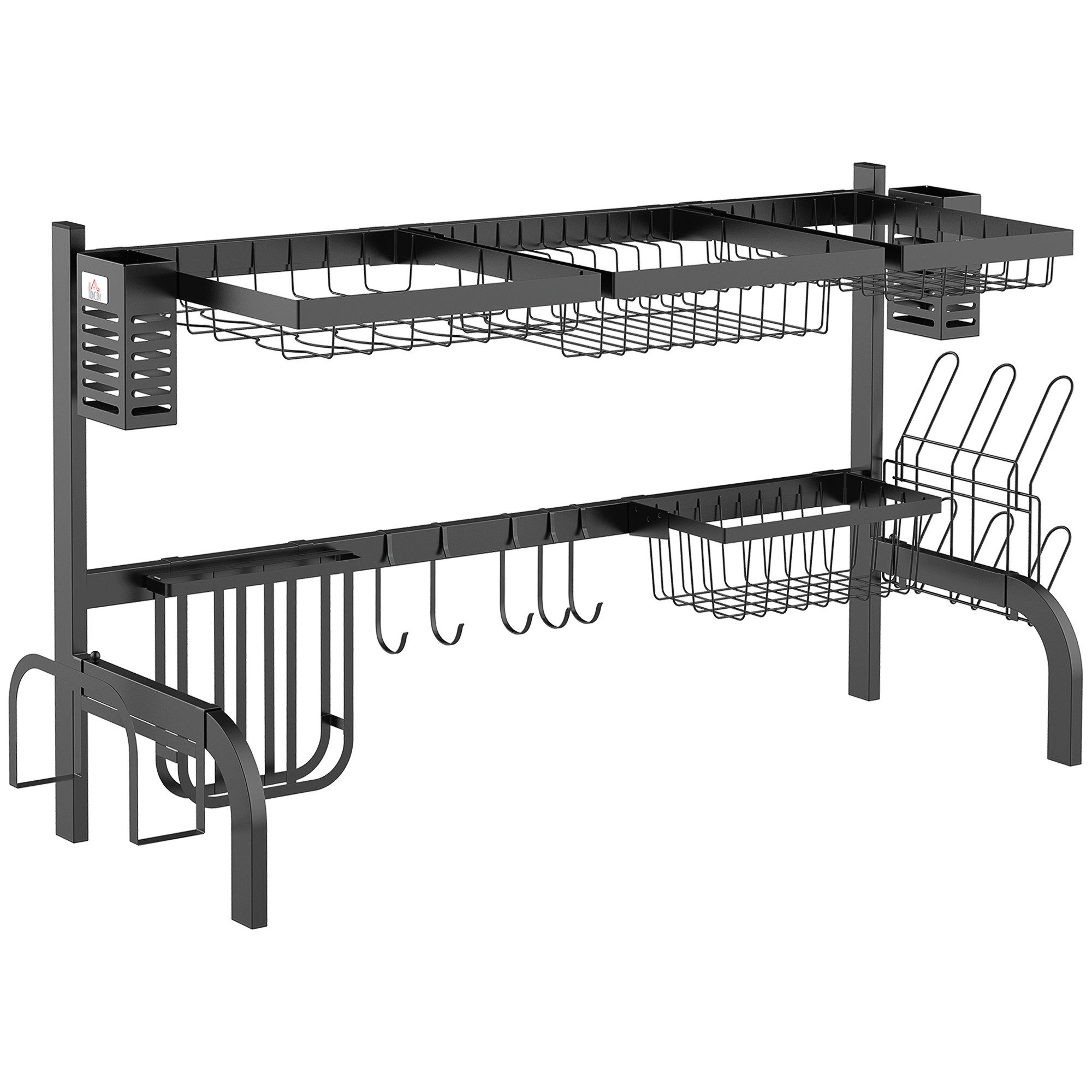 HOMCOM Geschirrständer 2-stufig, mit Haken, Tellerregal, Zubehör, Zubehör für Spülbecken, 100 cm Abtropfgitter Gestell für Küchenspüle, Stahl, Schwarz