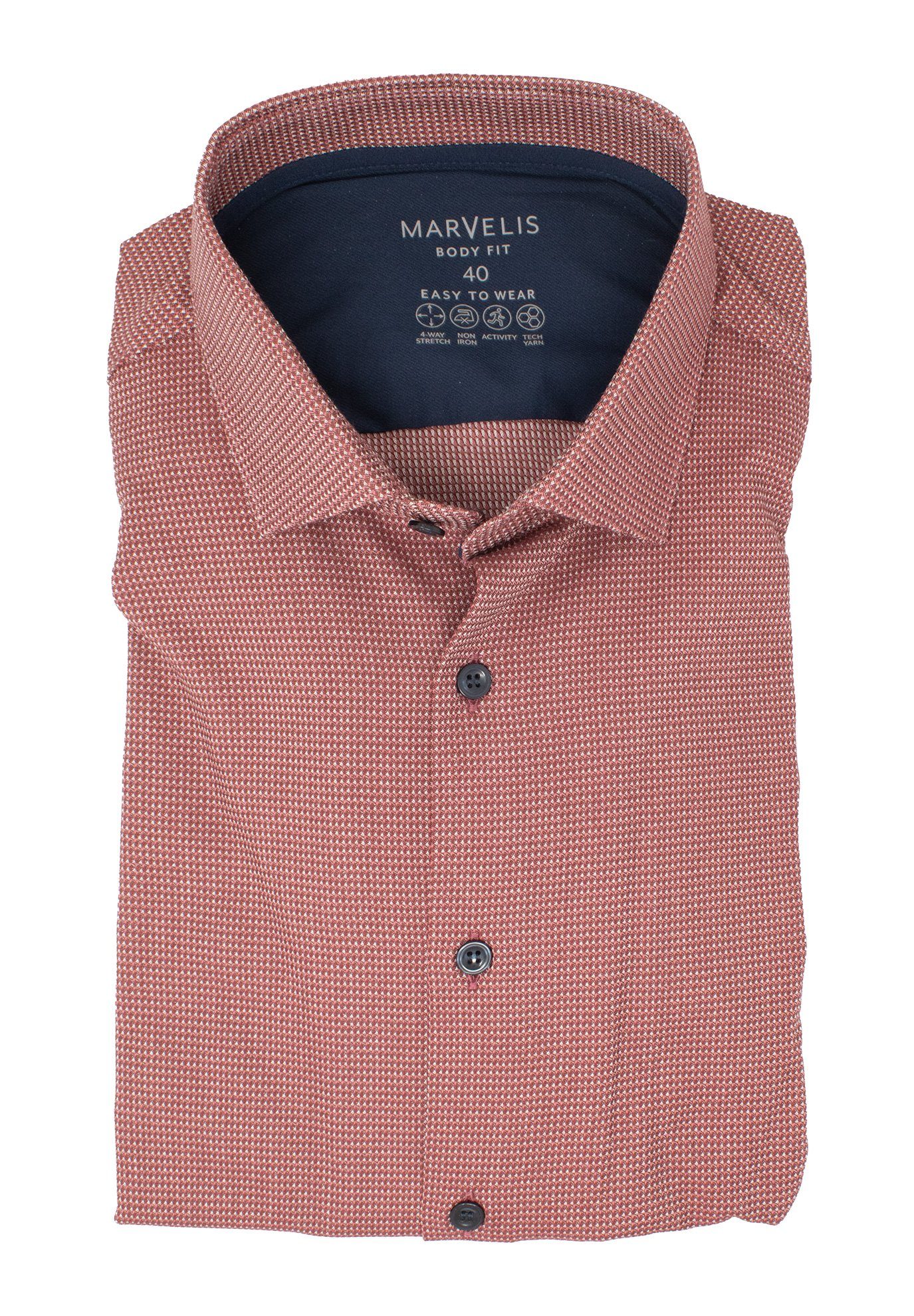 MARVELIS Businesshemd Easy To Wear Hemd - Body Fit - Langarm - Struktur - Rot 4-Wege-Stretch