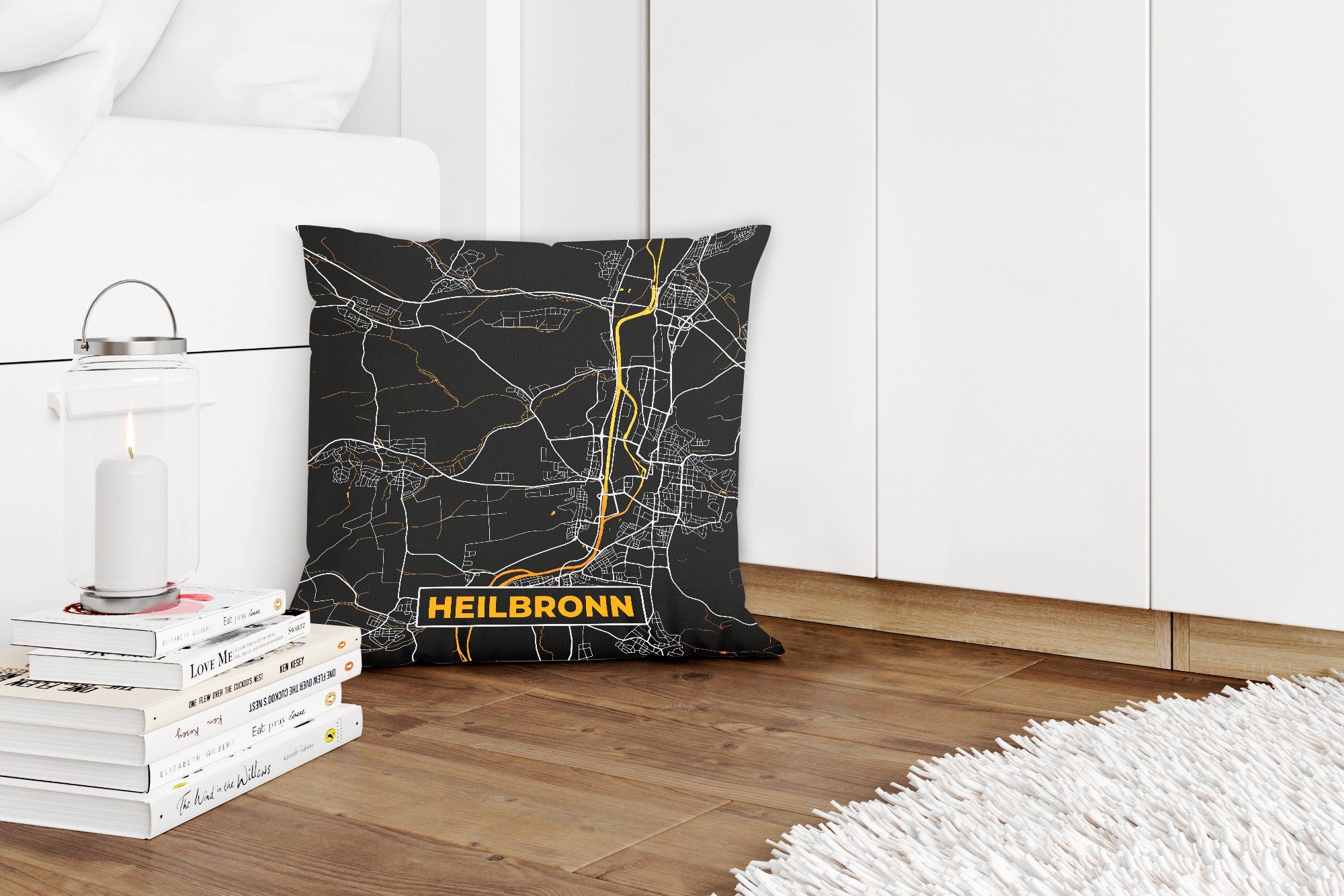 Karte Wohzimmer, Stadtplan Dekokissen MuchoWow Schlafzimmer, - mit - Deutschland Füllung Gold, Sofakissen Deko, - - Zierkissen für Heilbronn