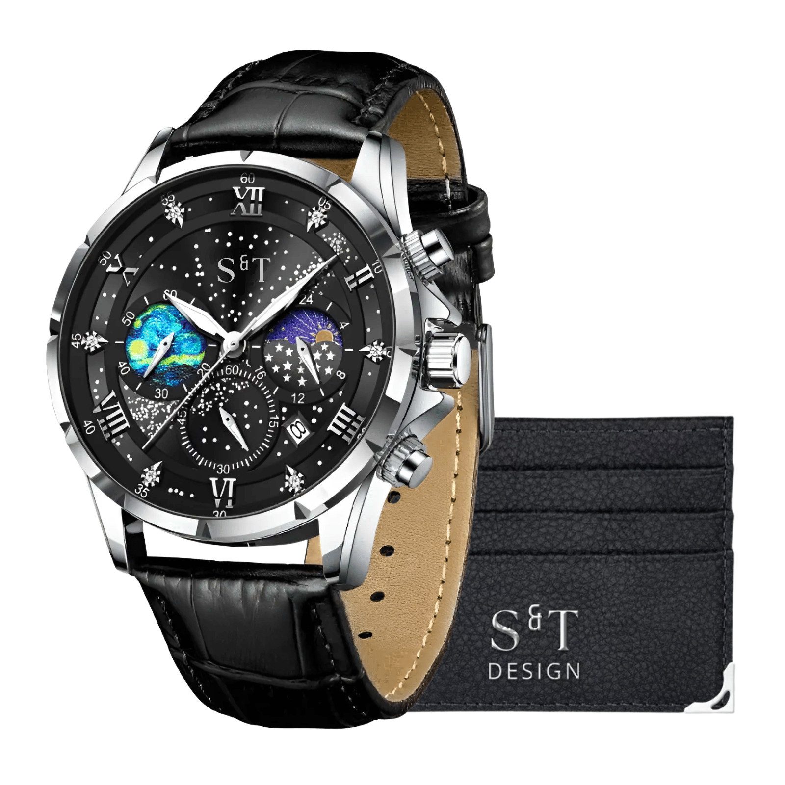 S&T Design Uhrenarmband S&T Design Chronograph Herrenarmbanduhr mit Kartenetui, Leuchtzeiger, Leuchtindizes, Multifunktionszifferblatt, Datumsanzeige